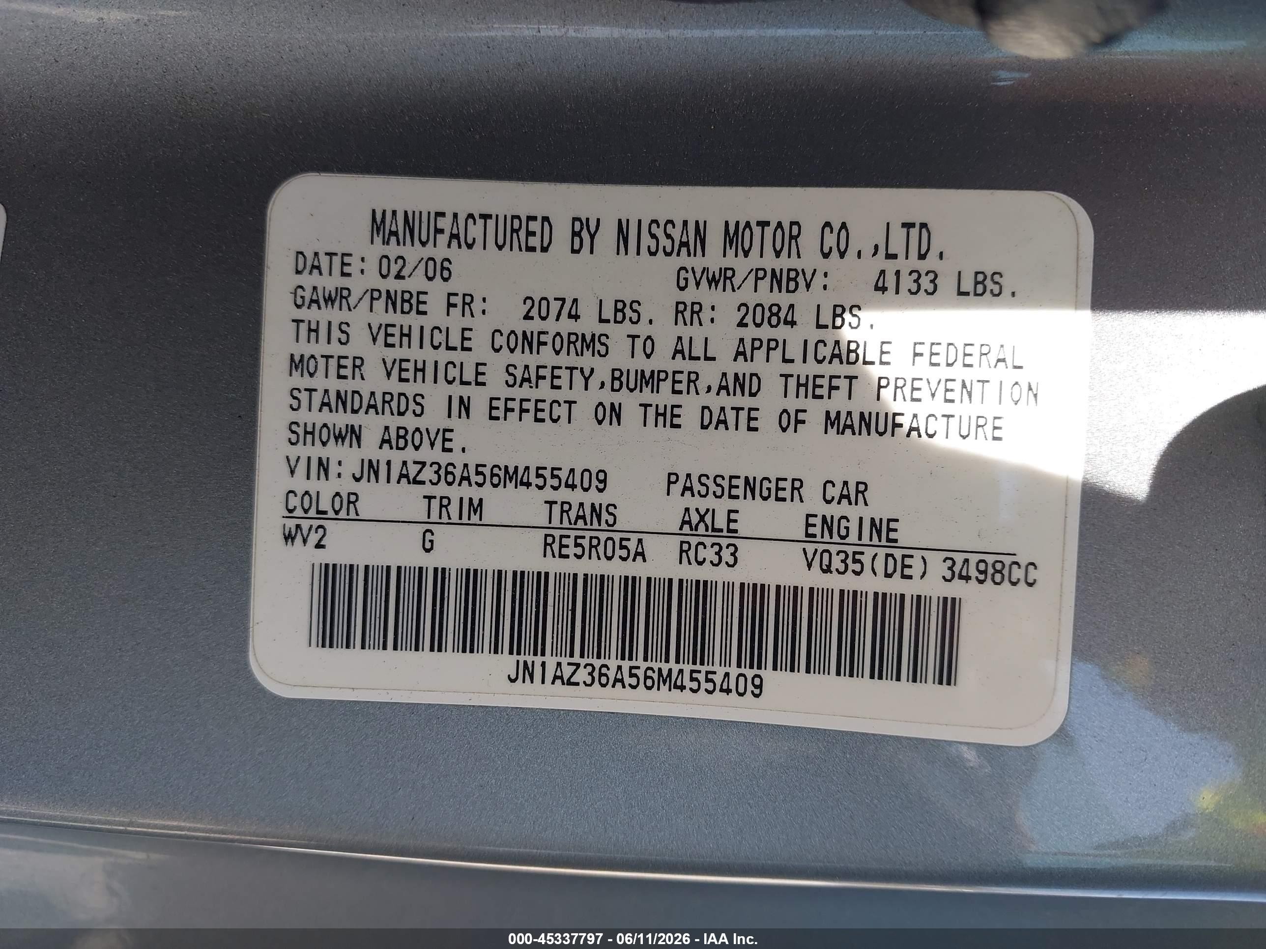 2006 Nissan 350z Touring Silver vin: JN1AZ36A56M455409