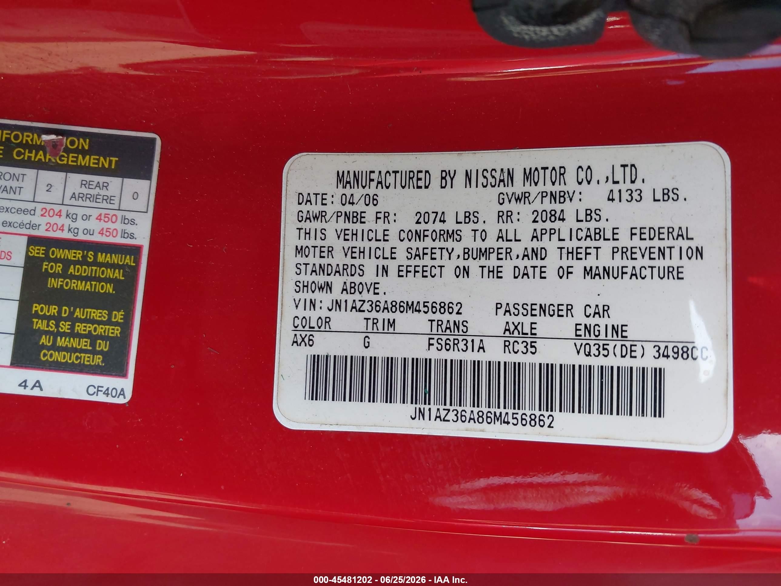 2006 Nissan 350z Grand Touring Red vin: JN1AZ36A86M456862