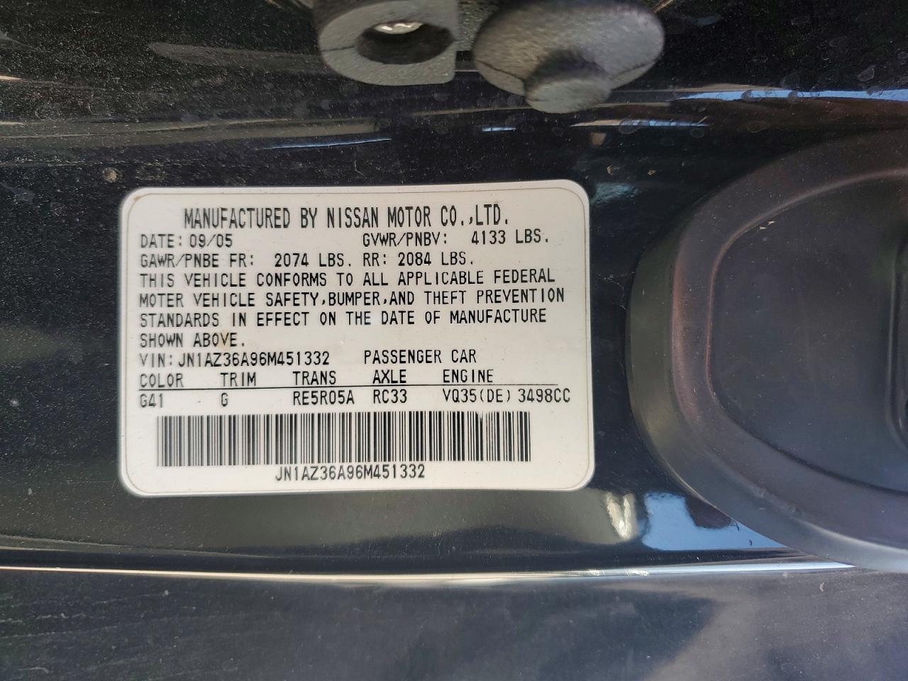 2006 Nissan 350z Enthusiast Black vin: JN1AZ36A96M451332