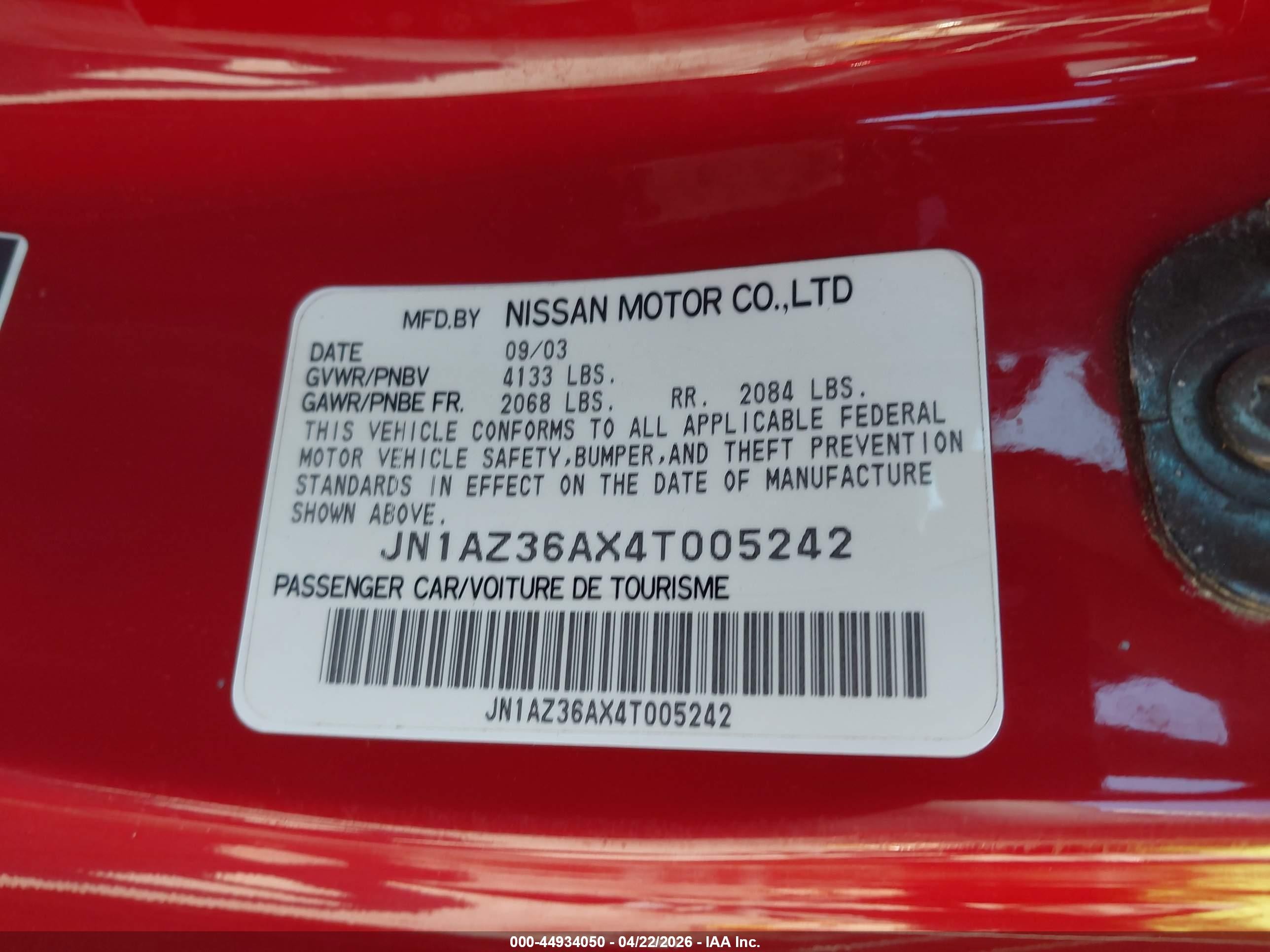 2004 Nissan 350z Touring Red vin: JN1AZ36AX4T005242