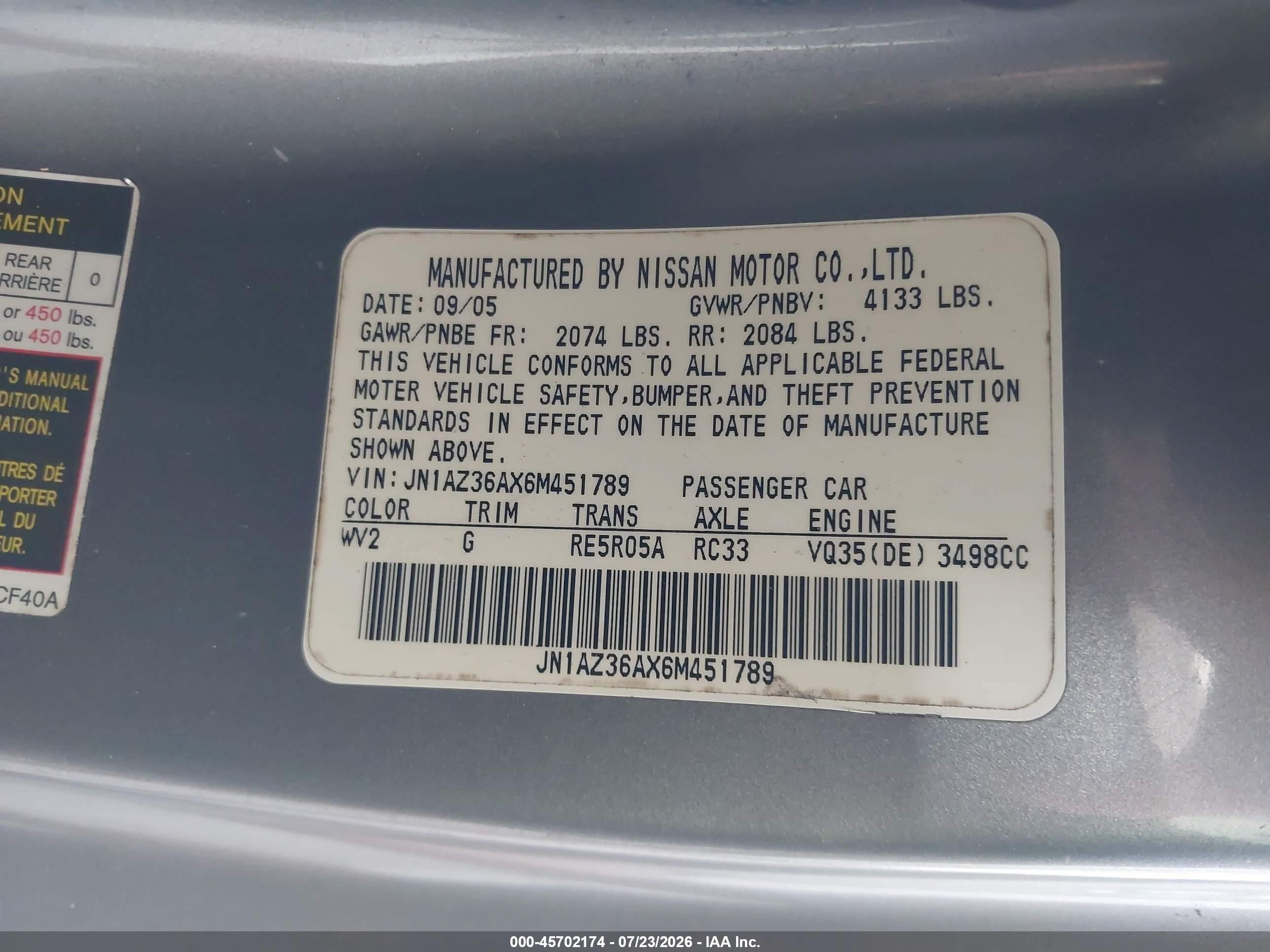 2006 Nissan 350z Touring Silver vin: JN1AZ36AX6M451789