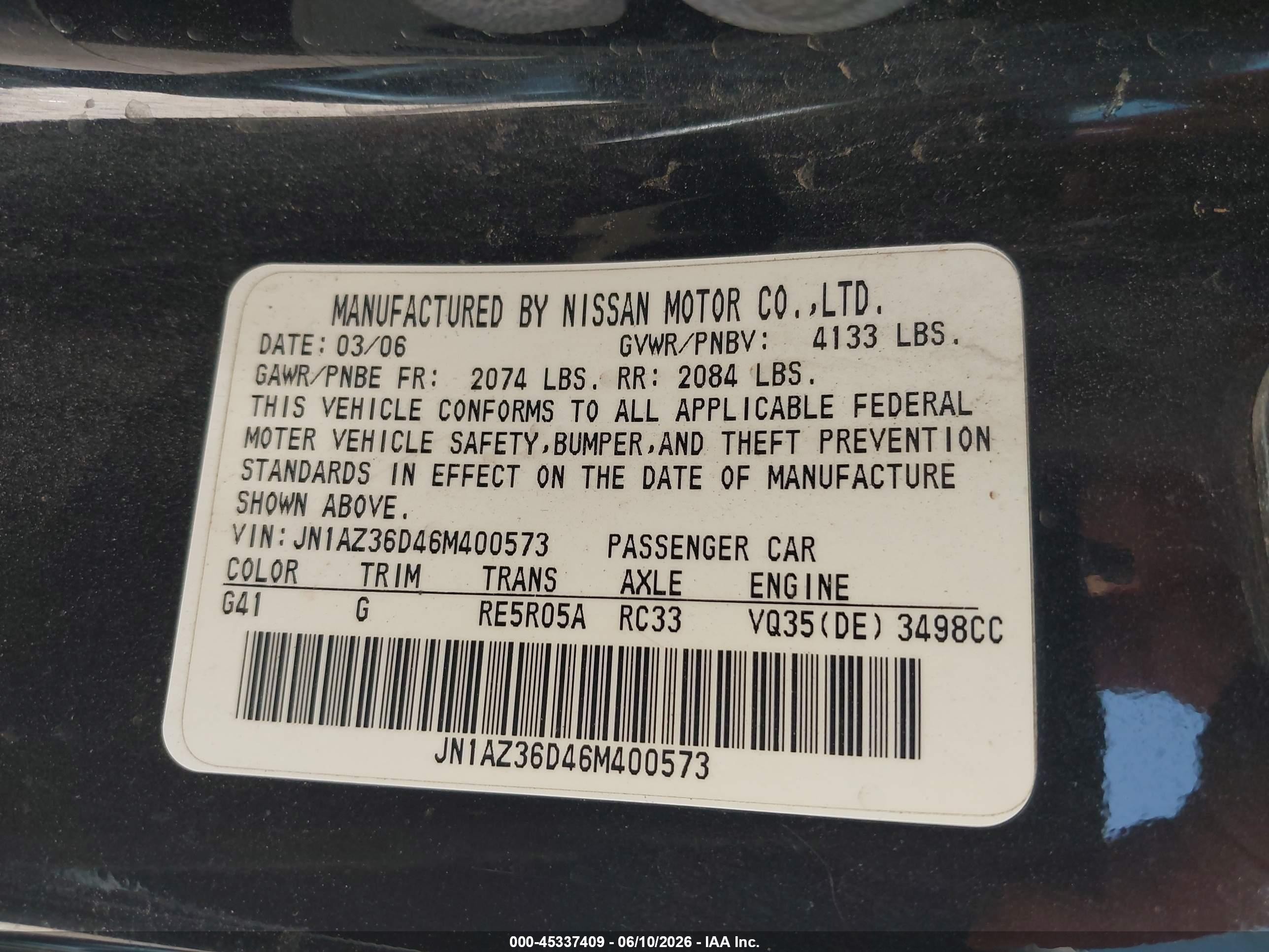 2006 Nissan 350z Enthusiast Черный vin: JN1AZ36D46M400573