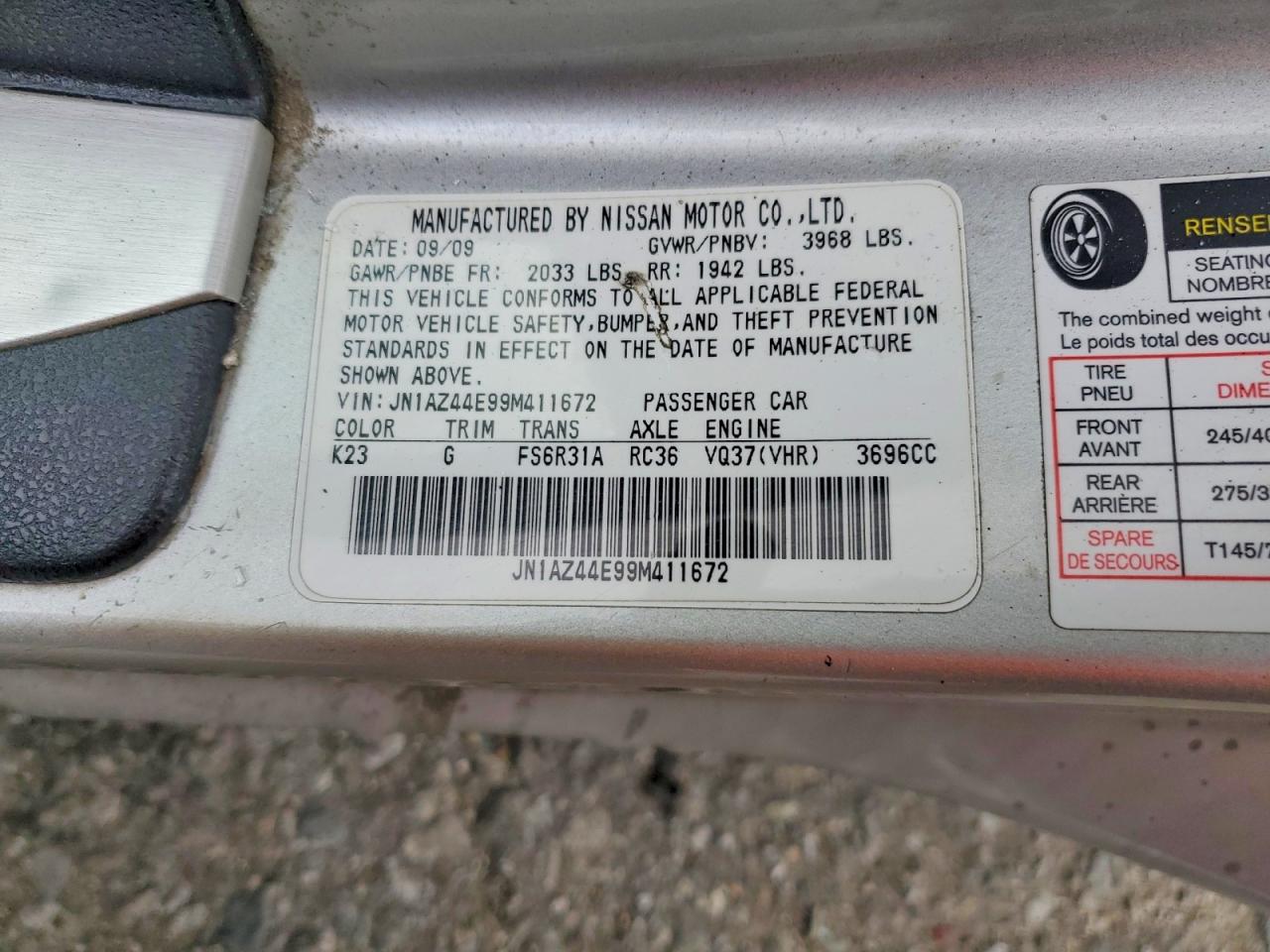 2009 Nissan 370z Base Silver vin: JN1AZ44E99M411672