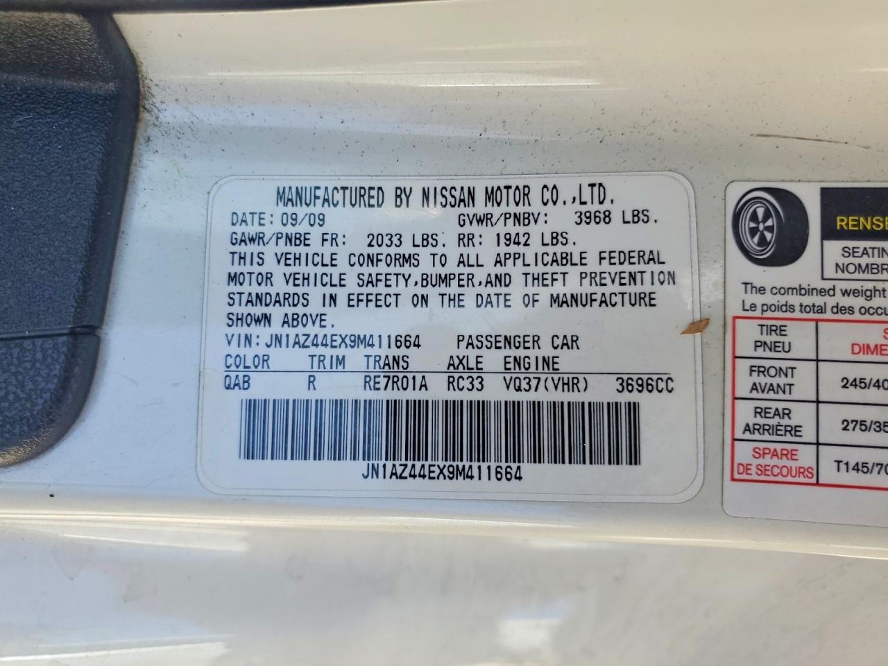 2009 Nissan 370z Base White vin: JN1AZ44EX9M411664