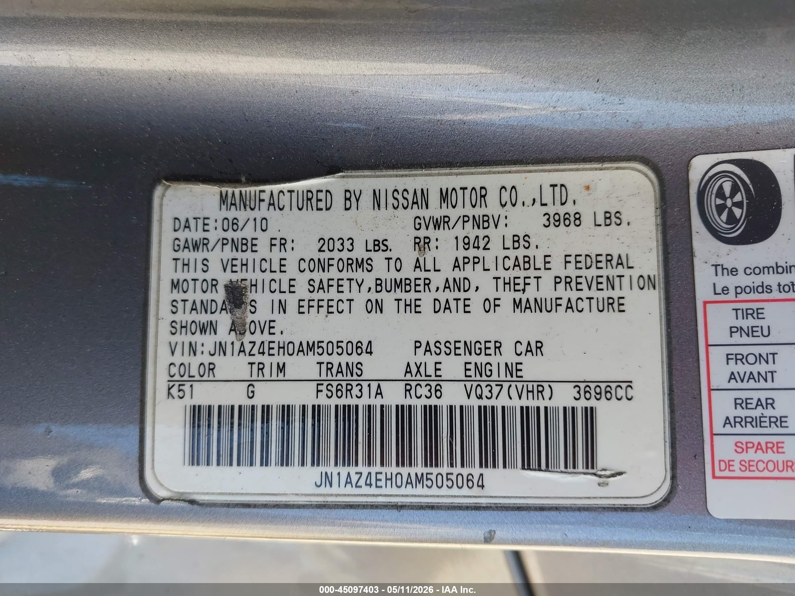 2010 Nissan 370z   Gray vin: JN1AZ4EH0AM505064