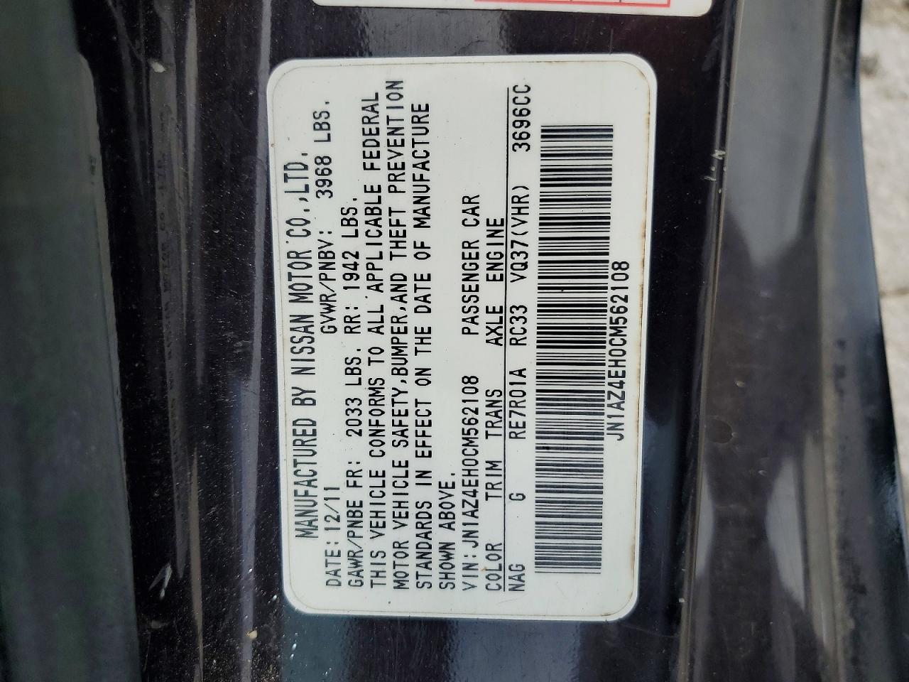 2012 Nissan 370z Base Black vin: JN1AZ4EH0CM562108