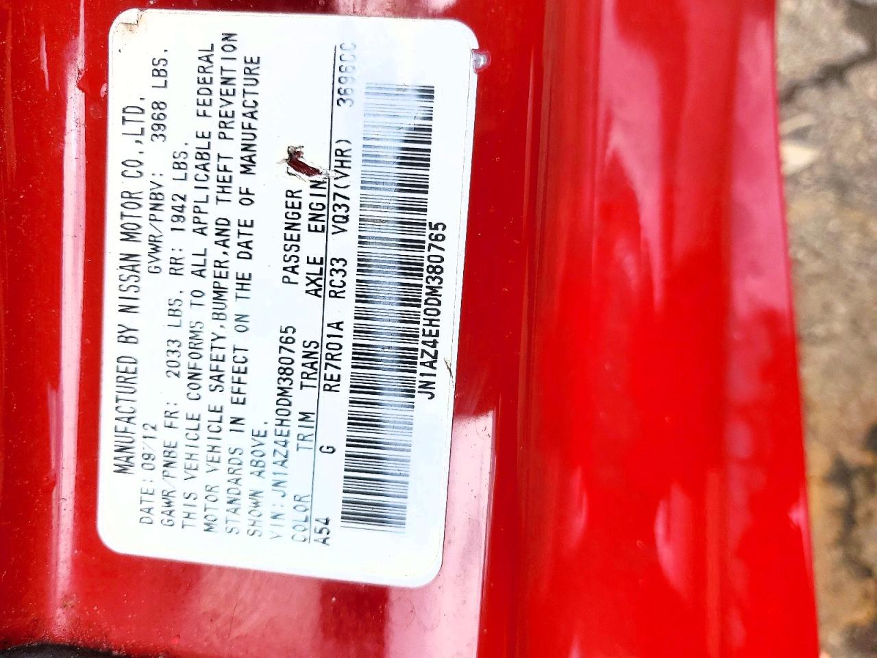 2013 Nissan 370z Base Red vin: JN1AZ4EH0DM380765