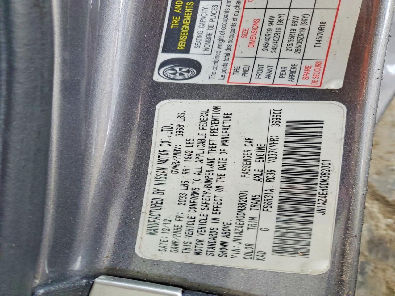2013 Nissan 370z Base Gray vin: JN1AZ4EH0DM382001