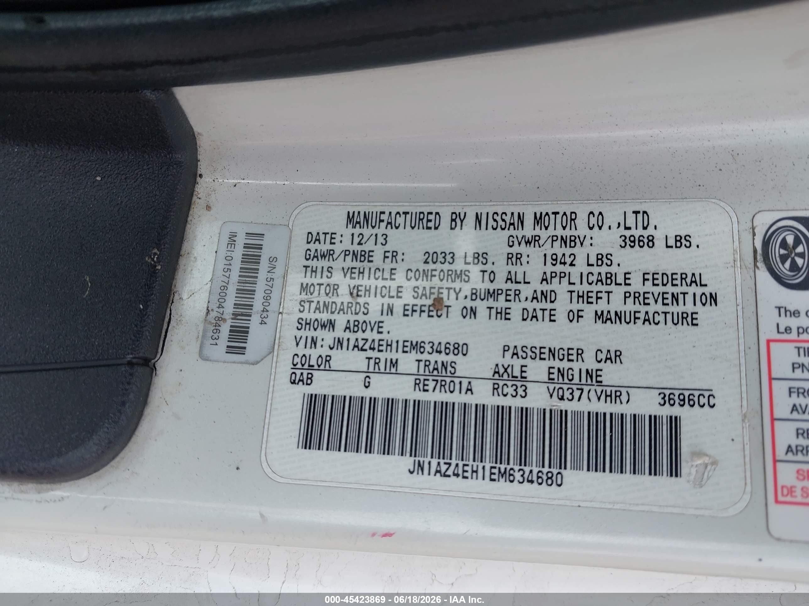 2014 Nissan 370z   White vin: JN1AZ4EH1EM634680