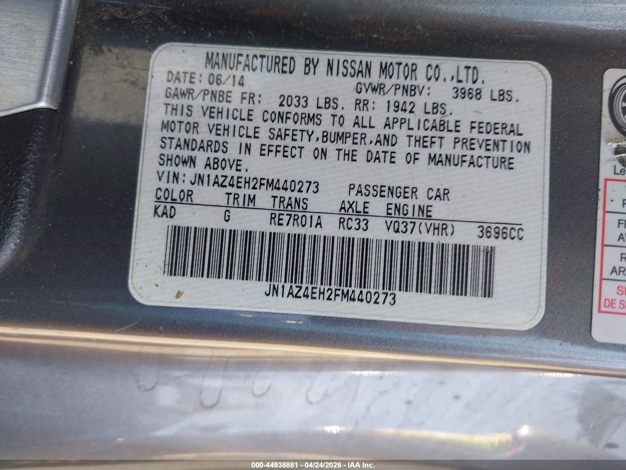 2015 Nissan 370z Sport Tech Gray vin: JN1AZ4EH2FM440273