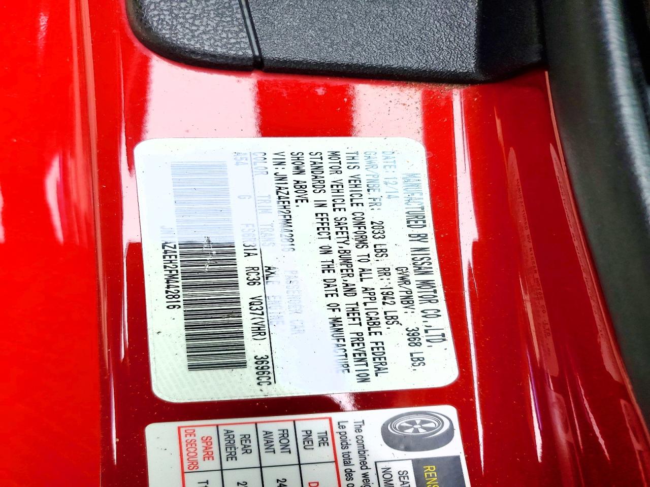 2015 Nissan 370z Sport Red vin: JN1AZ4EH2FM442816