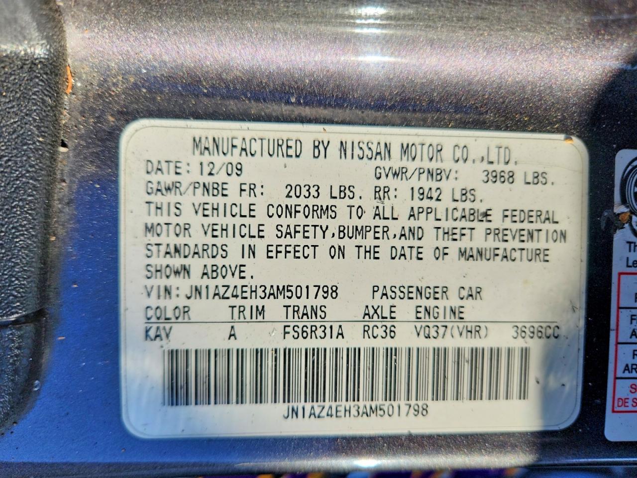 2010 Nissan 370z Base Charcoal vin: JN1AZ4EH3AM501798