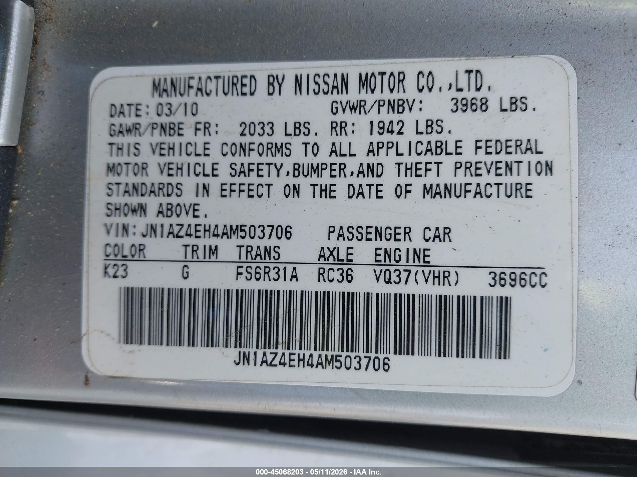 2010 Nissan 370z Touring Gray vin: JN1AZ4EH4AM503706