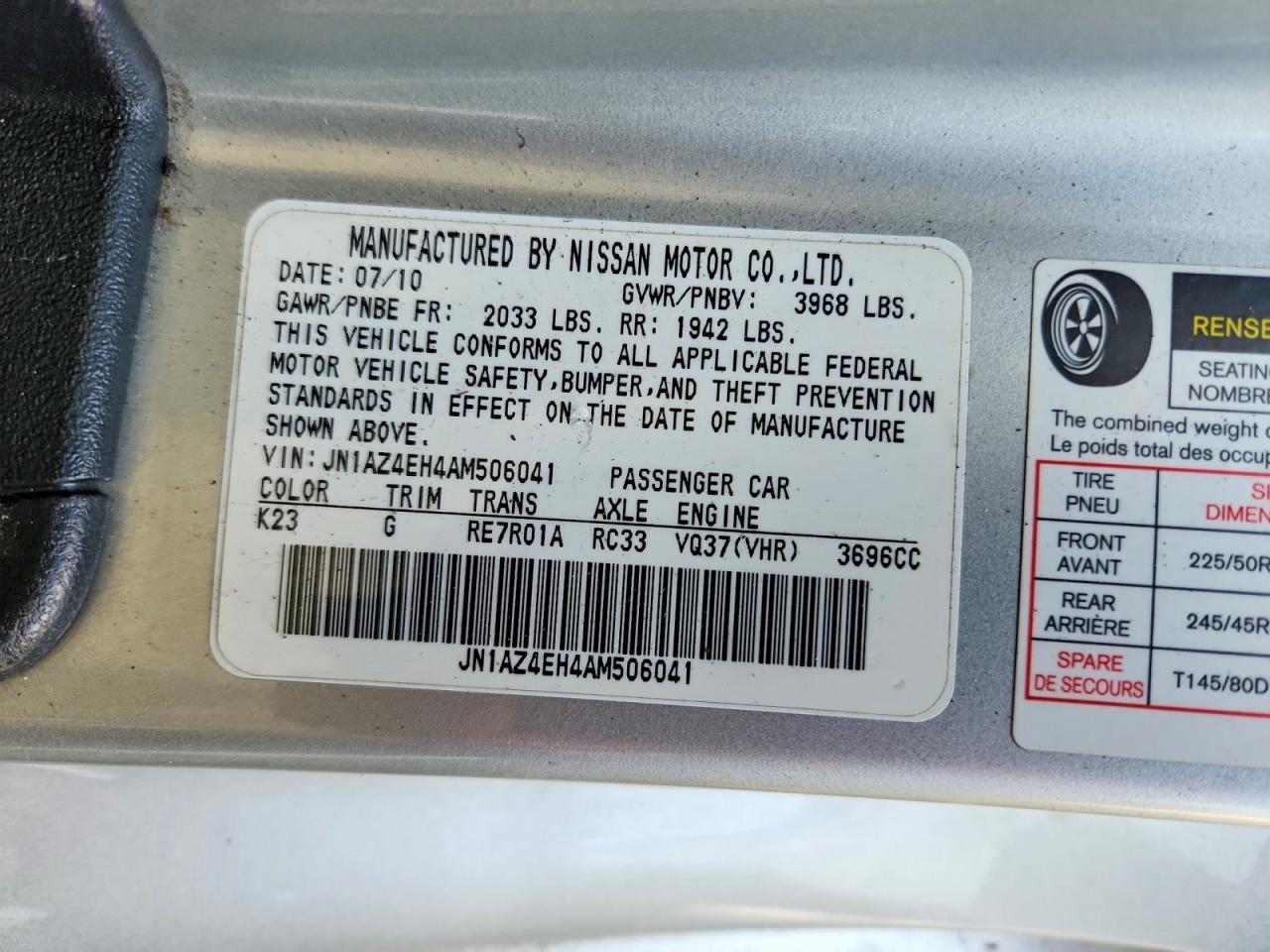2010 Nissan 370z Base Silver vin: JN1AZ4EH4AM506041