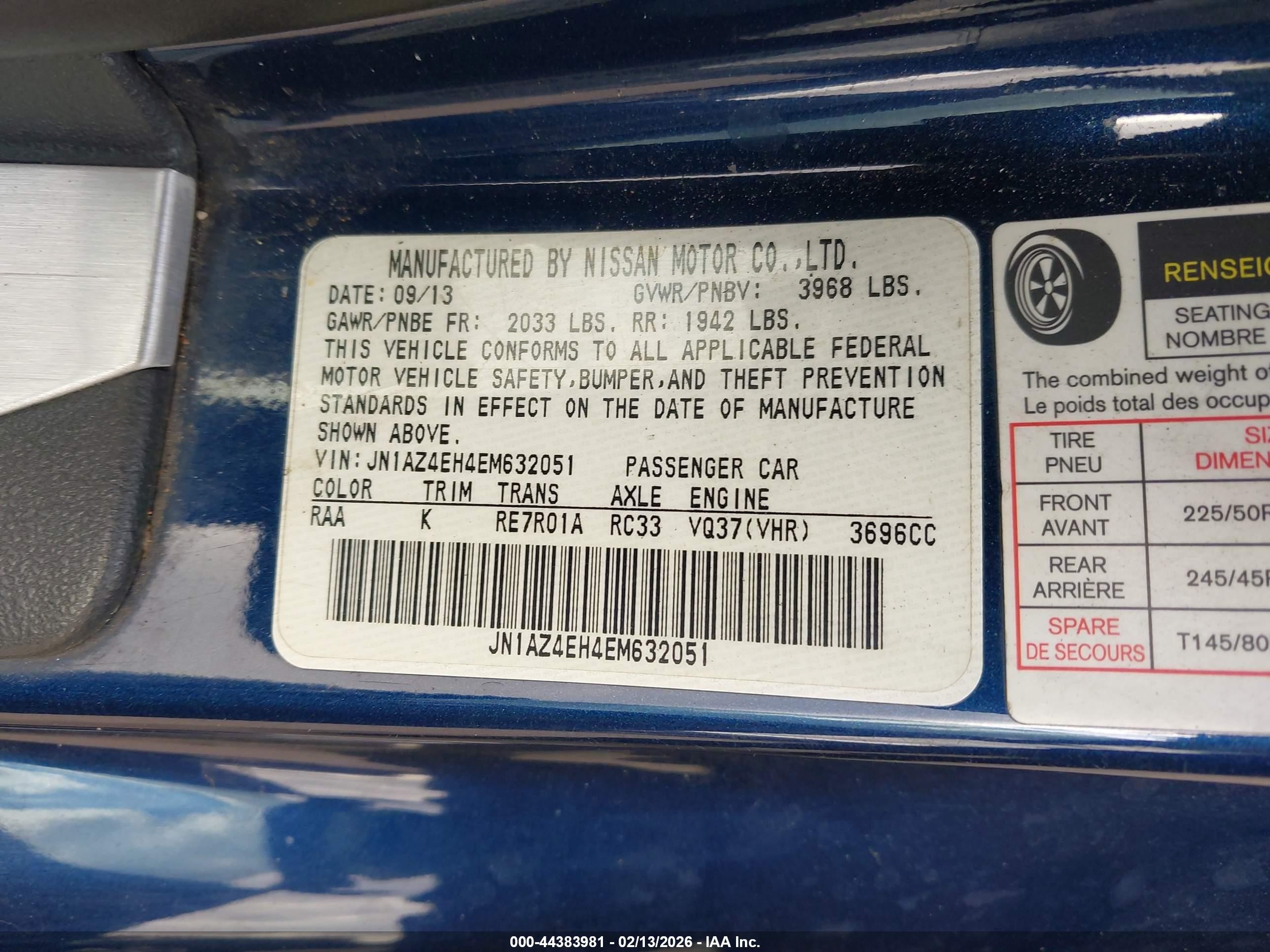 2014 Nissan 370z Touring Blue vin: JN1AZ4EH4EM632051
