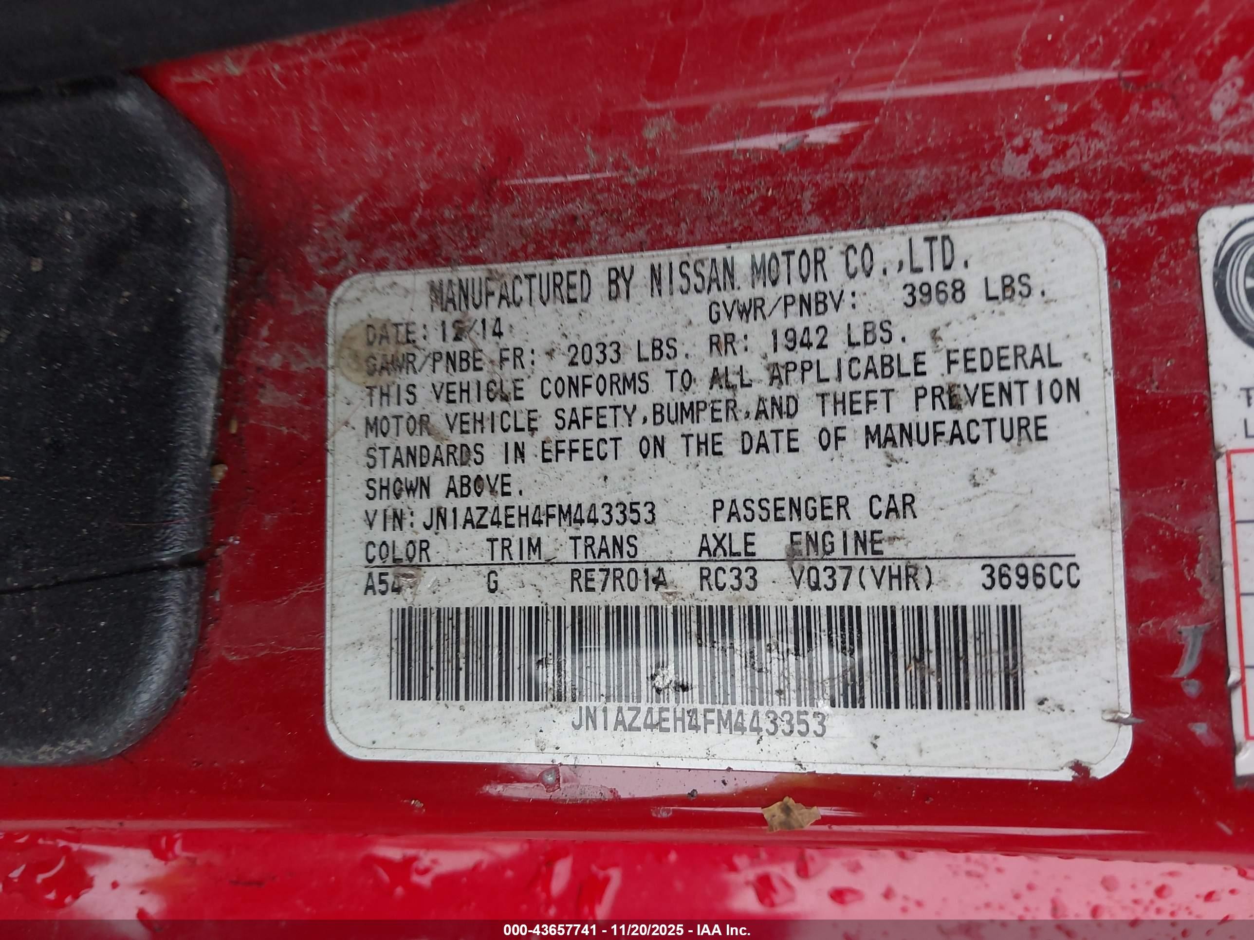 2015 Nissan 370z   Red vin: JN1AZ4EH4FM443353