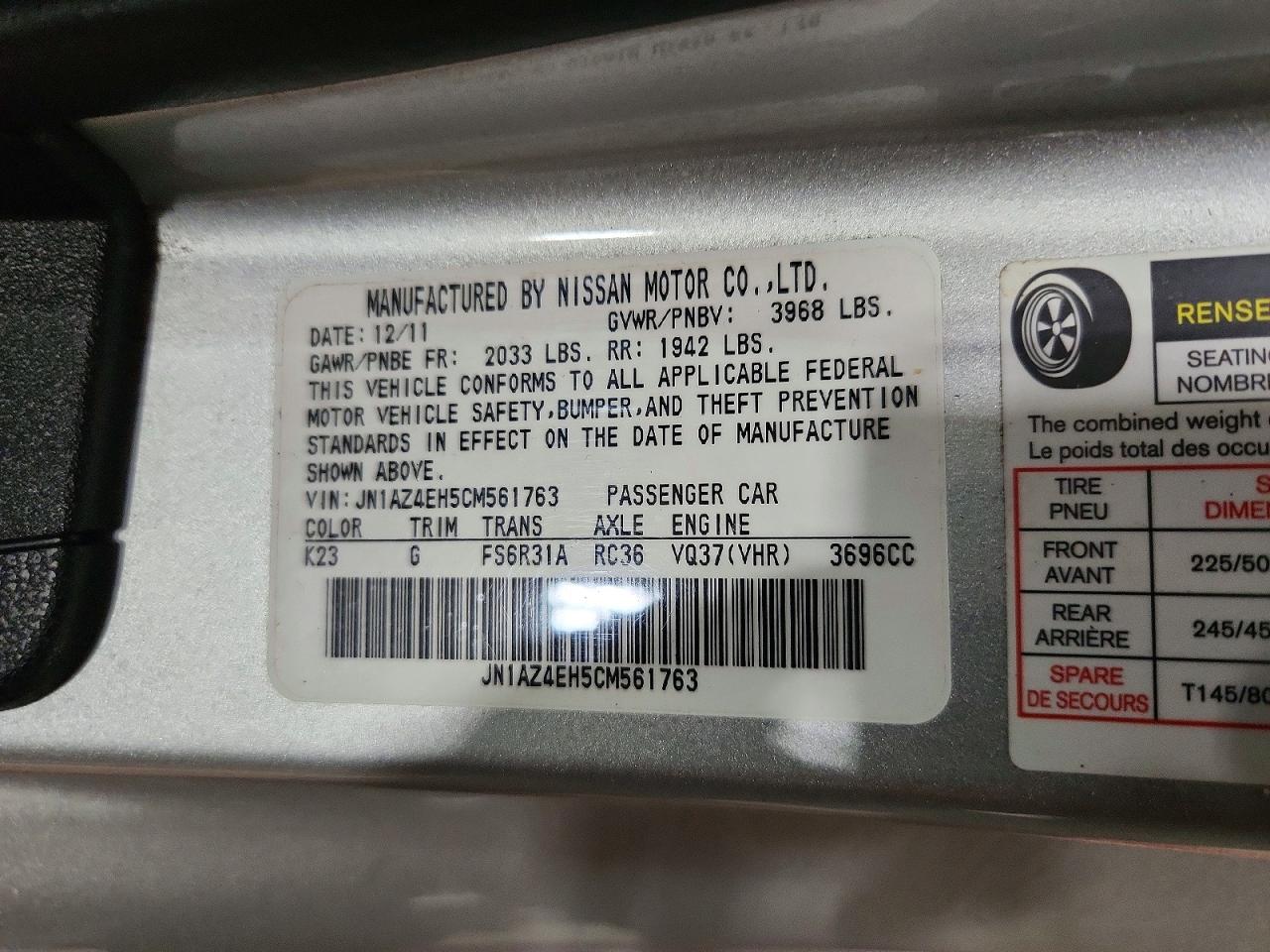 2012 Nissan 370z Base Silver vin: JN1AZ4EH5CM561763