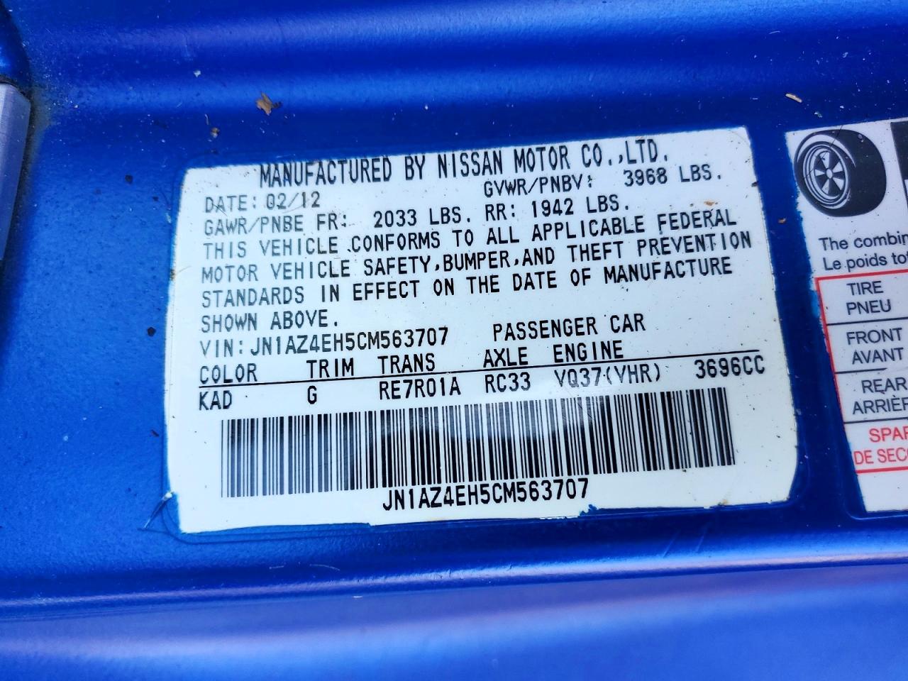 2012 Nissan 370z Base/sport/sport Touring/nismo Blue vin: JN1AZ4EH5CM563707