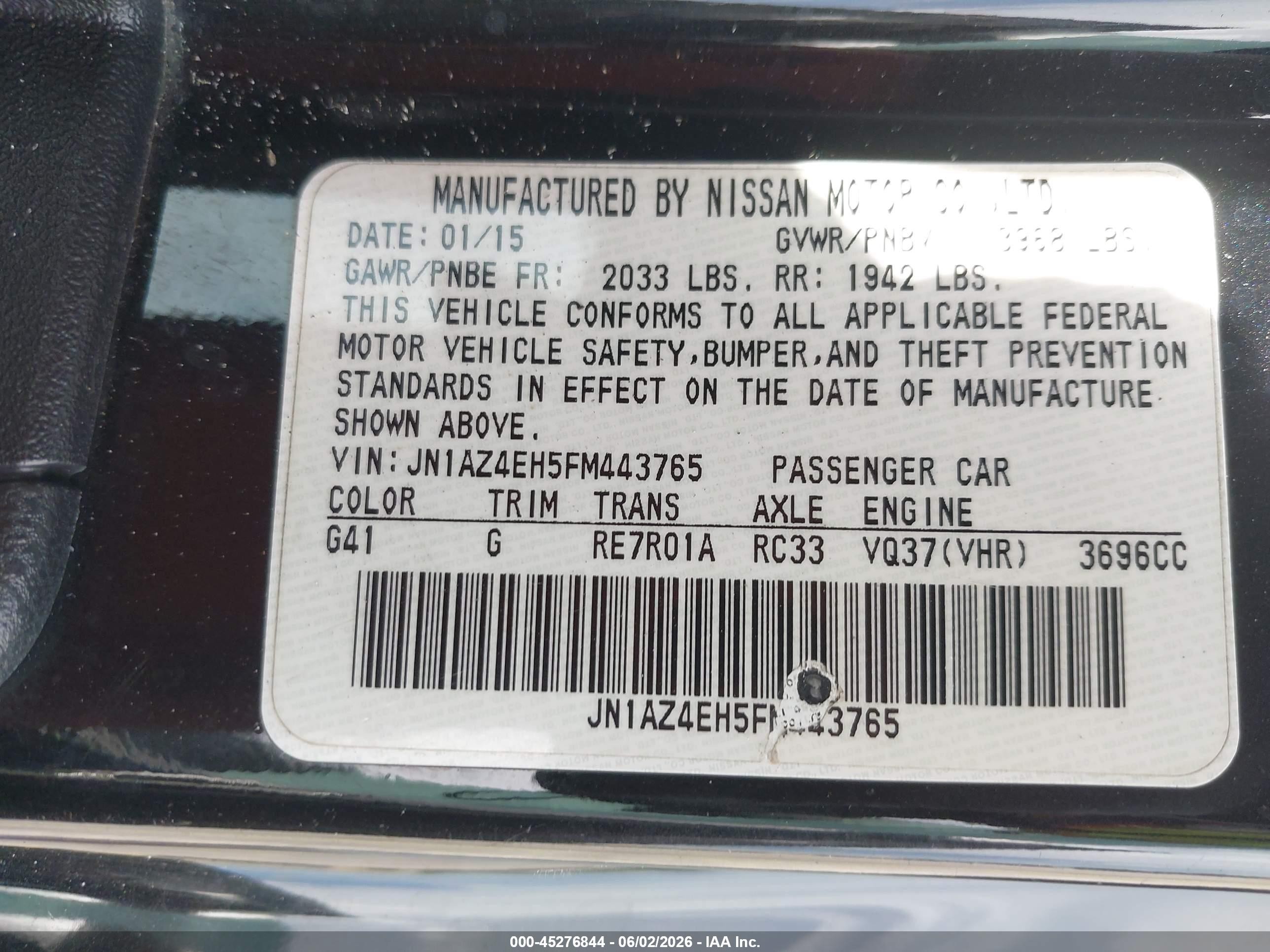 2015 Nissan 370z Nismo/nismo Tech/sport/sport Tech/touring Black vin: JN1AZ4EH5FM443765