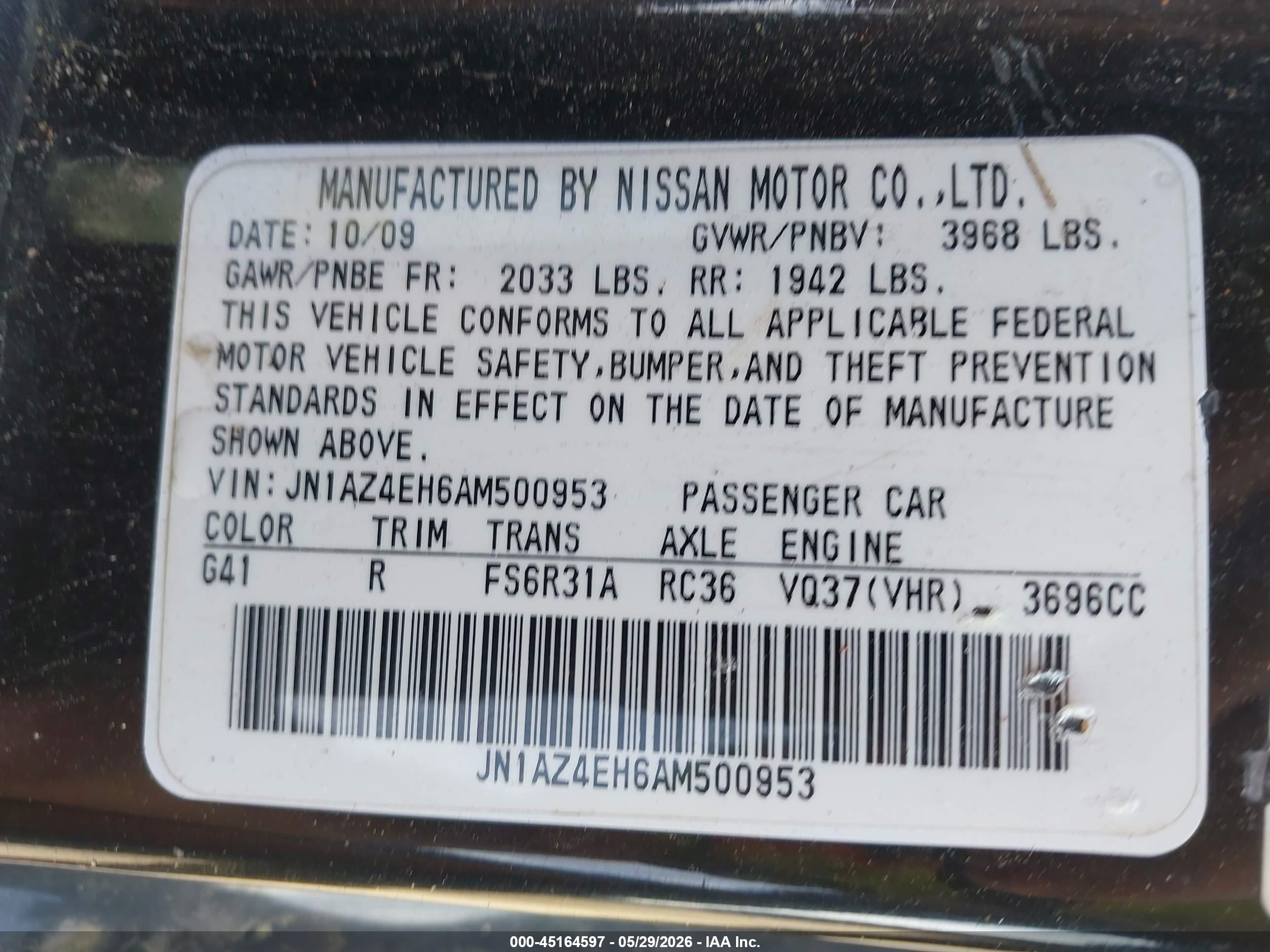 2010 Nissan 370z Touring Black vin: JN1AZ4EH6AM500953
