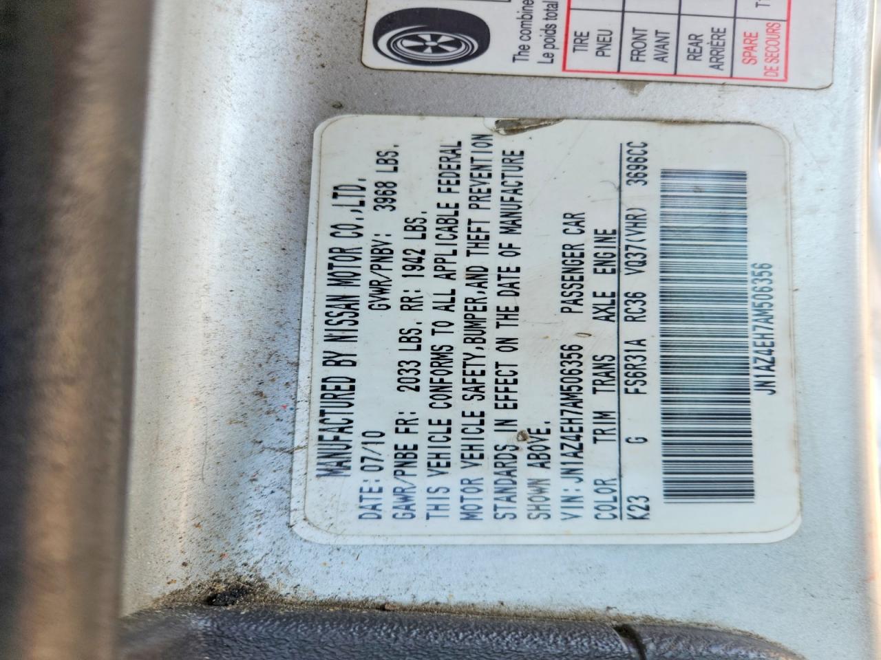 2010 Nissan 370z Base Silver vin: JN1AZ4EH7AM506356