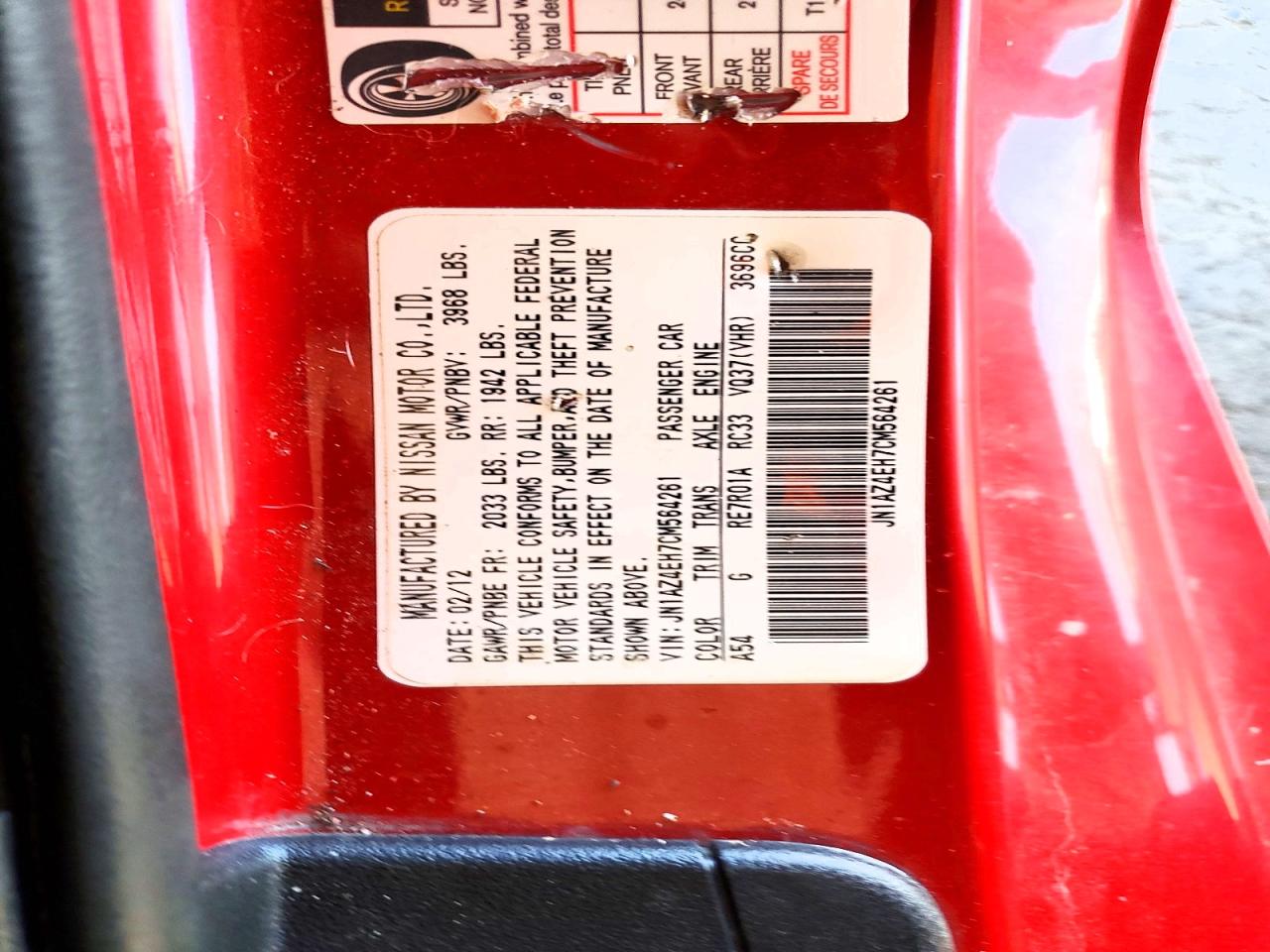 2012 Nissan 370z Base Red vin: JN1AZ4EH7CM564261