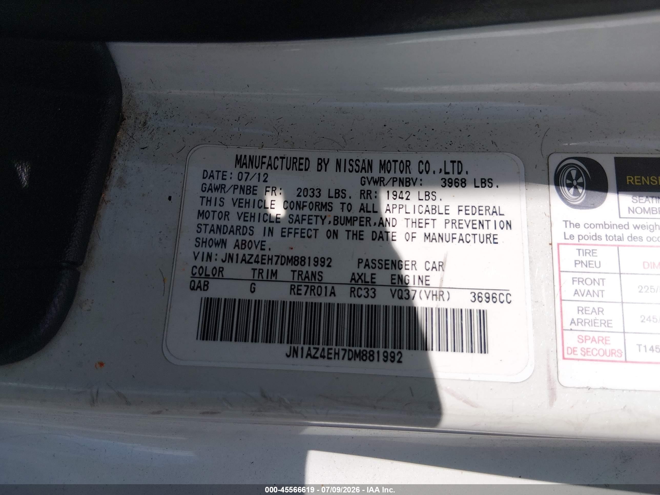 2013 Nissan 370z Touring White vin: JN1AZ4EH7DM881992