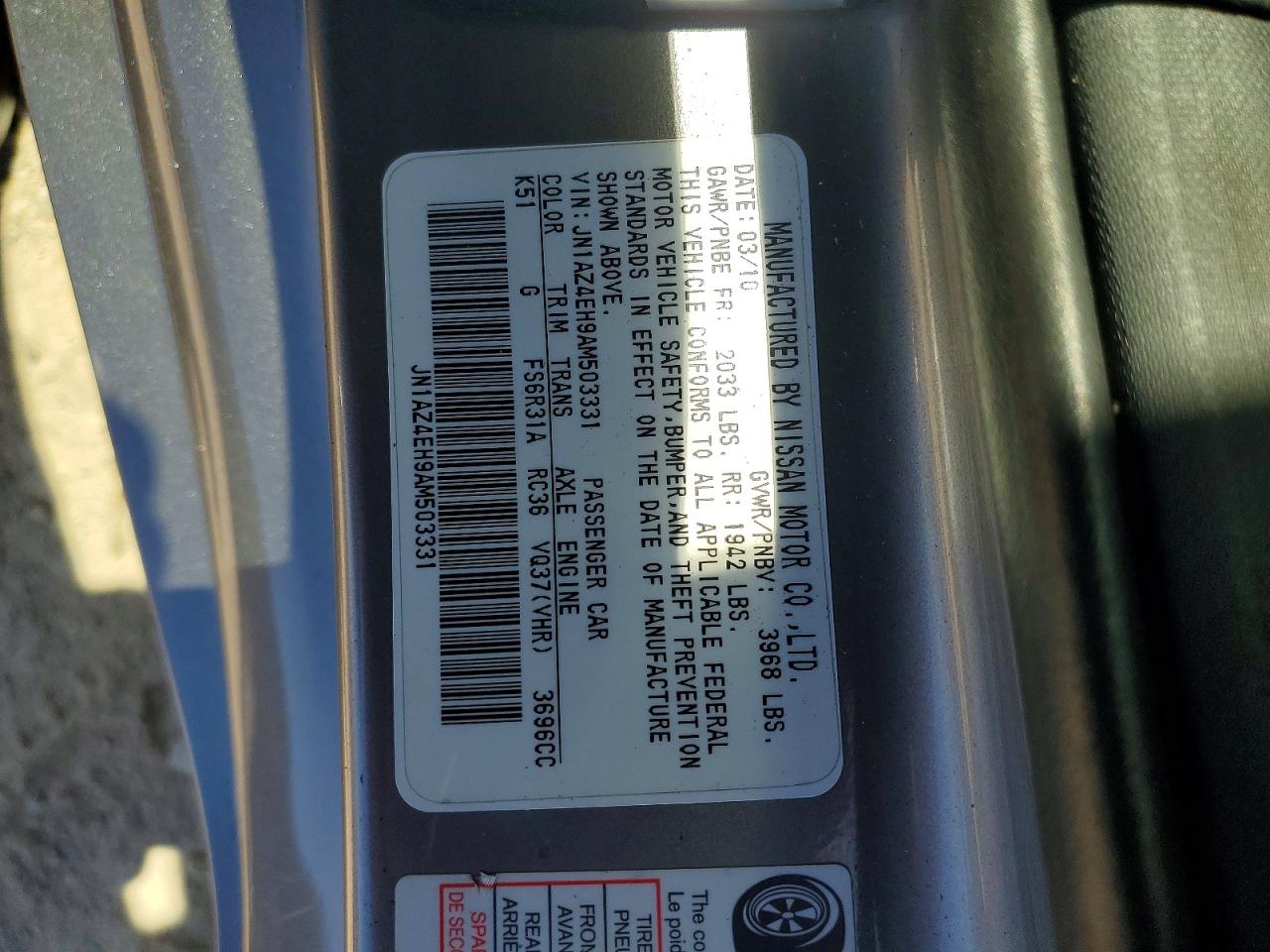 2010 Nissan 370z Base Gray vin: JN1AZ4EH9AM503331