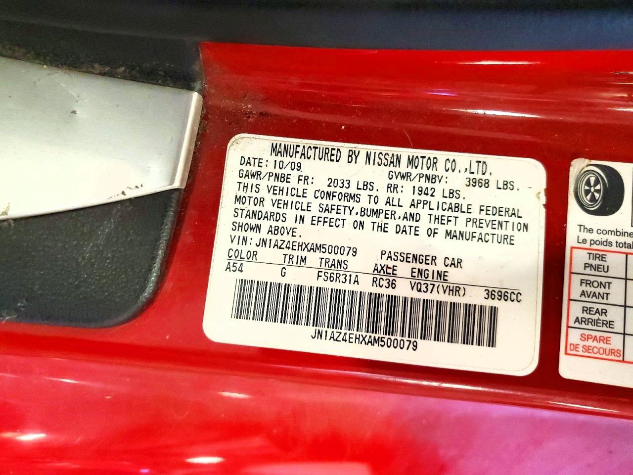 2010 Nissan 370z Base Red vin: JN1AZ4EHXAM500079