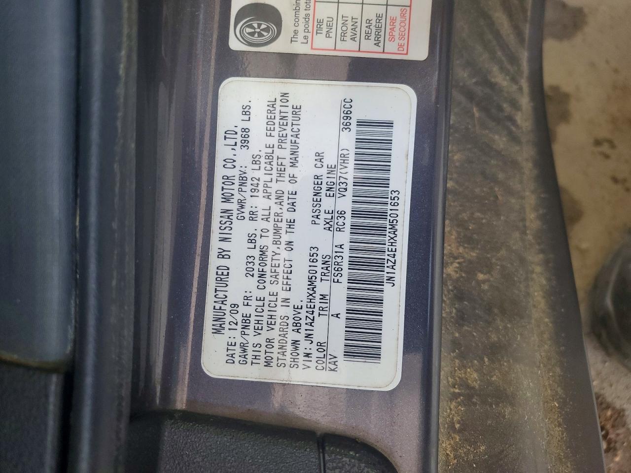 2010 Nissan 370z Gray vin: JN1AZ4EHXAM501653