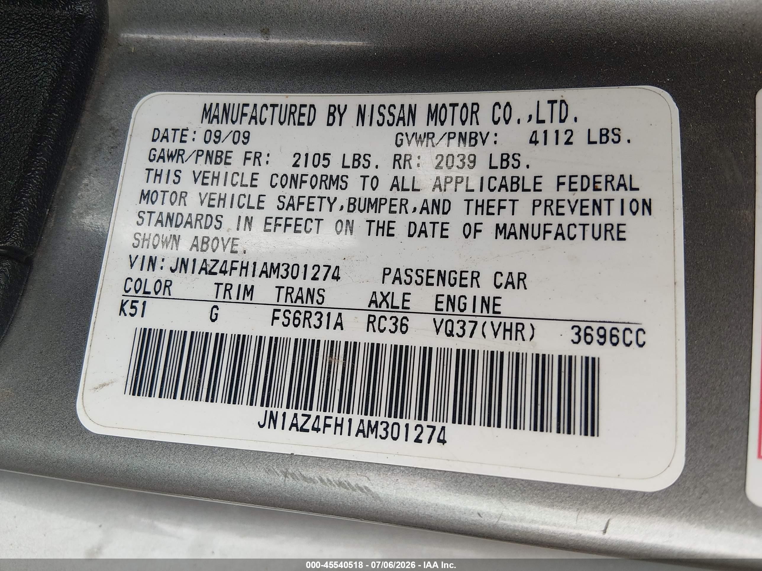 2010 Nissan 370z Touring Silver vin: JN1AZ4FH1AM301274