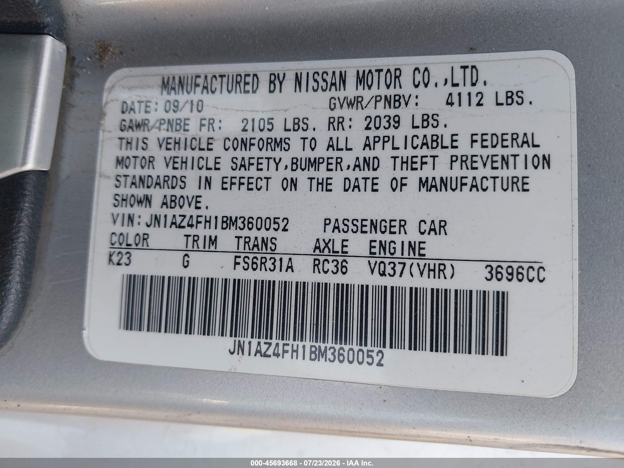 2011 Nissan 370z Touring Silver vin: JN1AZ4FH1BM360052