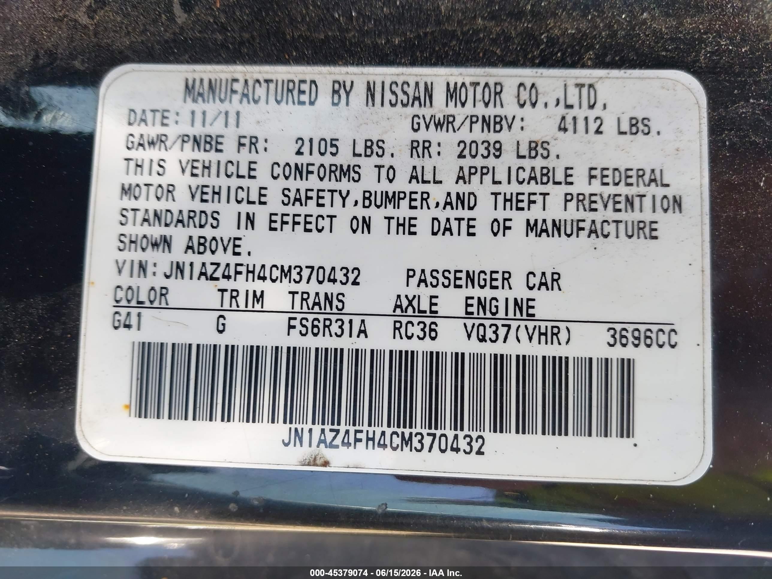 2012 Nissan 370z Touring Black vin: JN1AZ4FH4CM370432