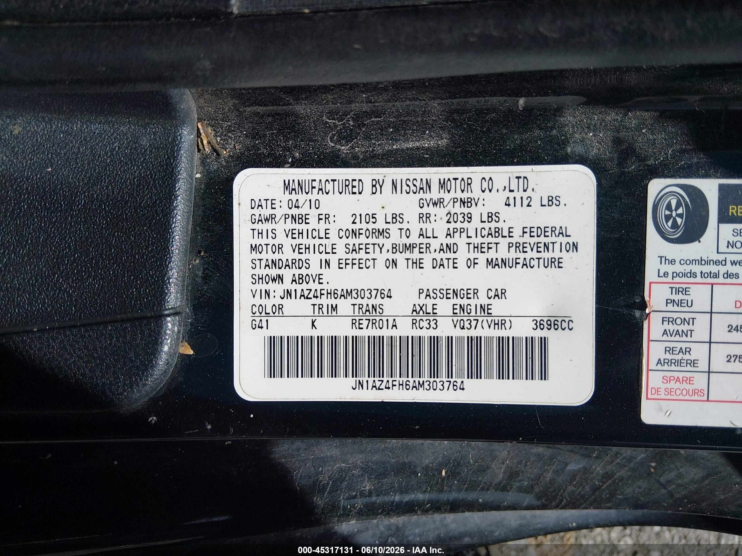2010 Nissan 370z Touring Black vin: JN1AZ4FH6AM303764