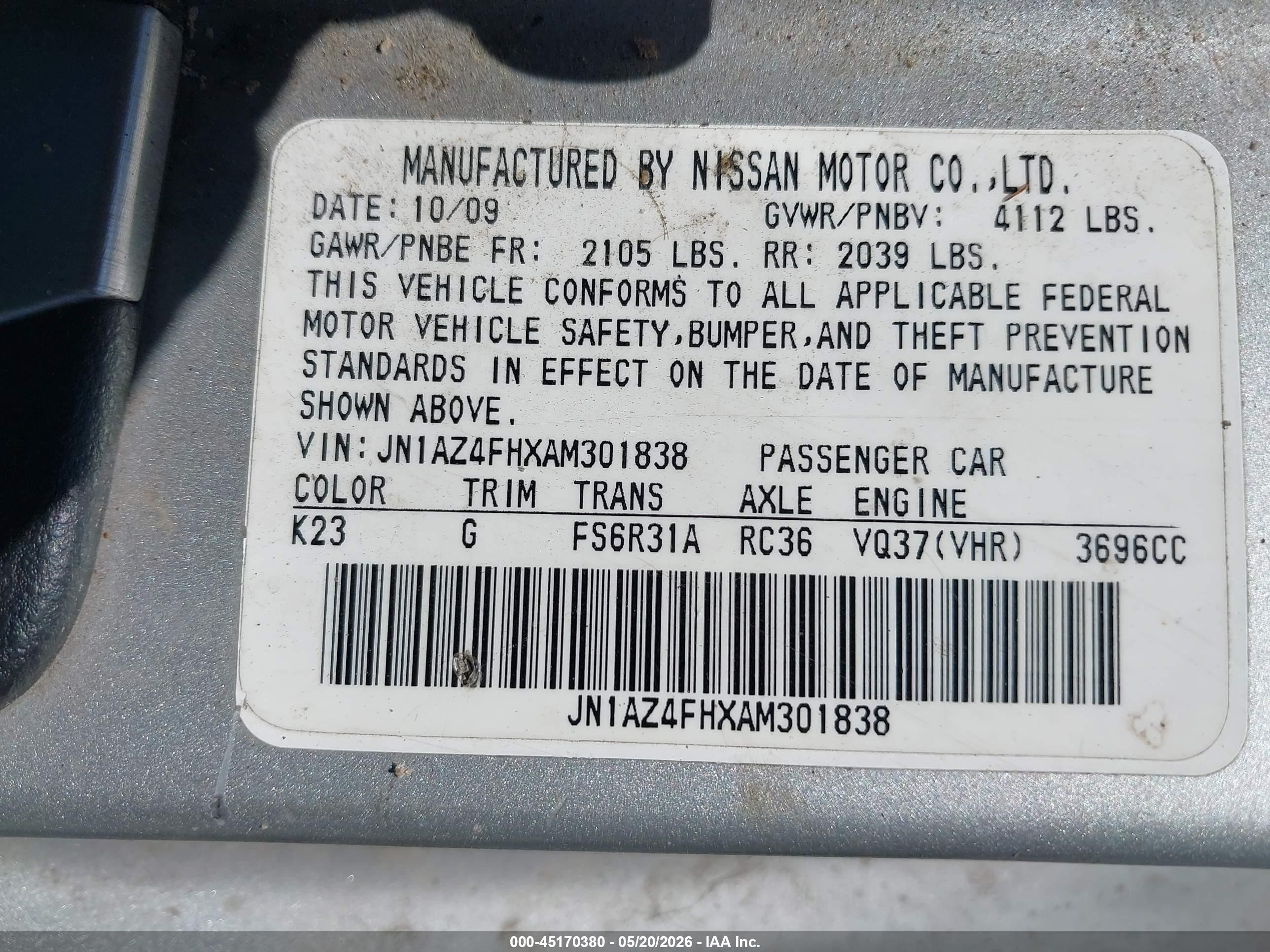 2010 Nissan 370z Touring Silver vin: JN1AZ4FHXAM301838