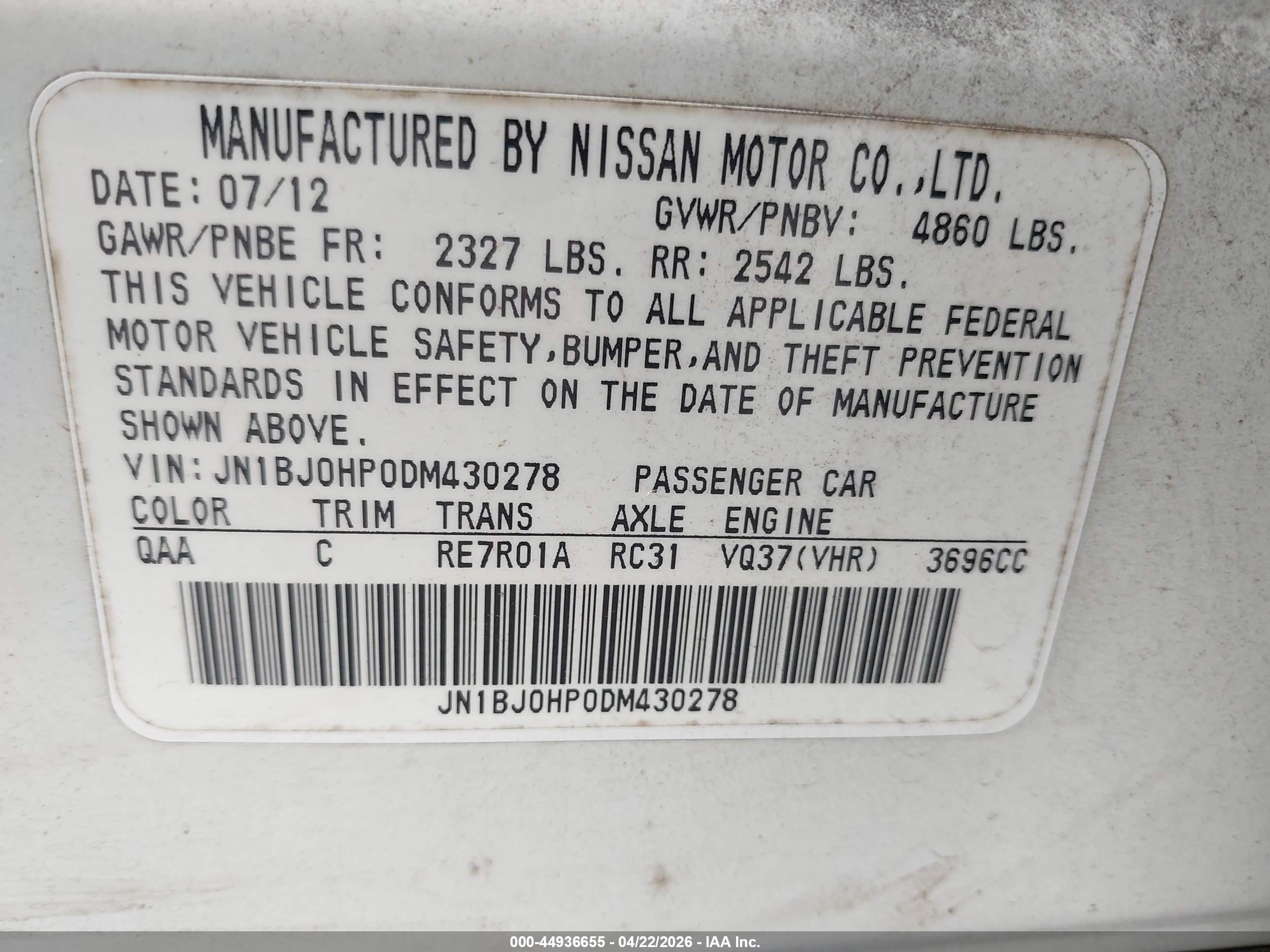 2013 Infiniti Ex37 Journey White vin: JN1BJ0HP0DM430278