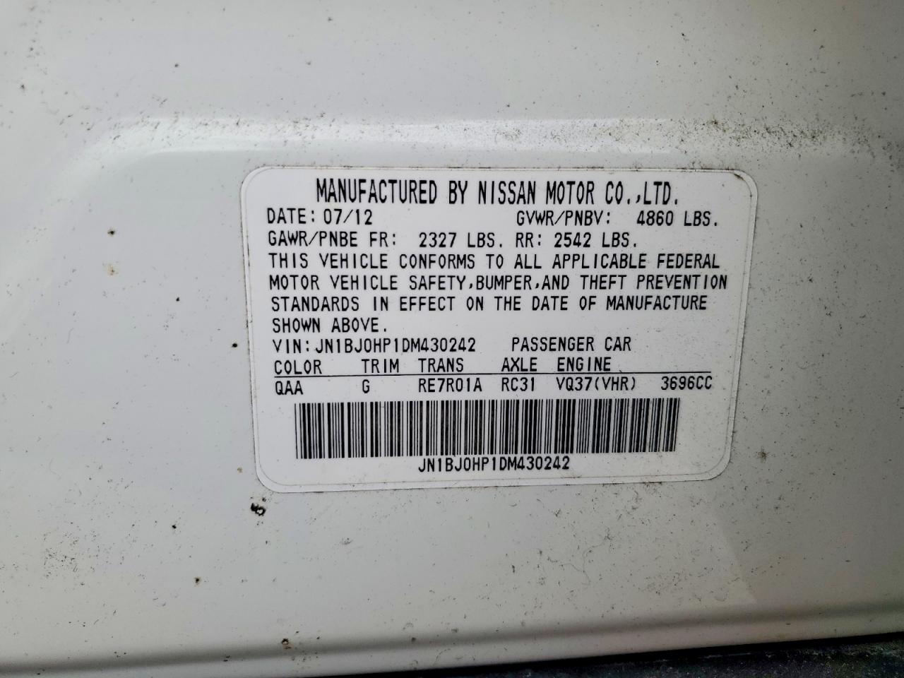 2013 Infiniti Ex37 Base White vin: JN1BJ0HP1DM430242