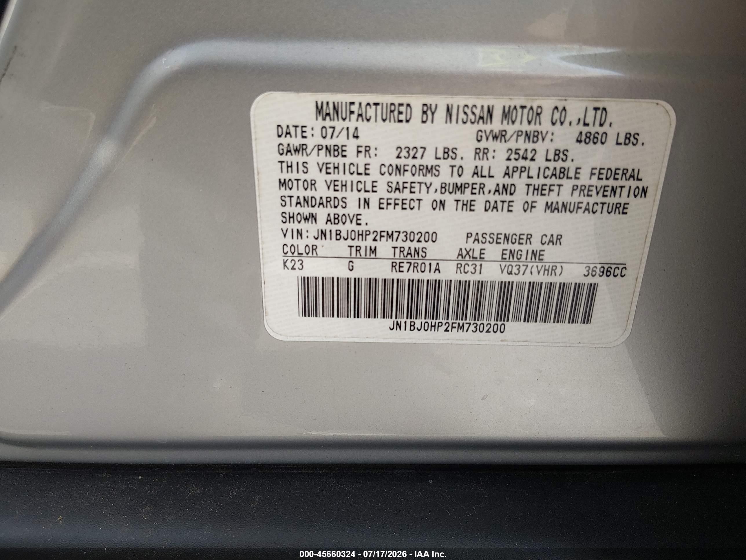 2015 Infiniti Qx50 Journey Silver vin: JN1BJ0HP2FM730200