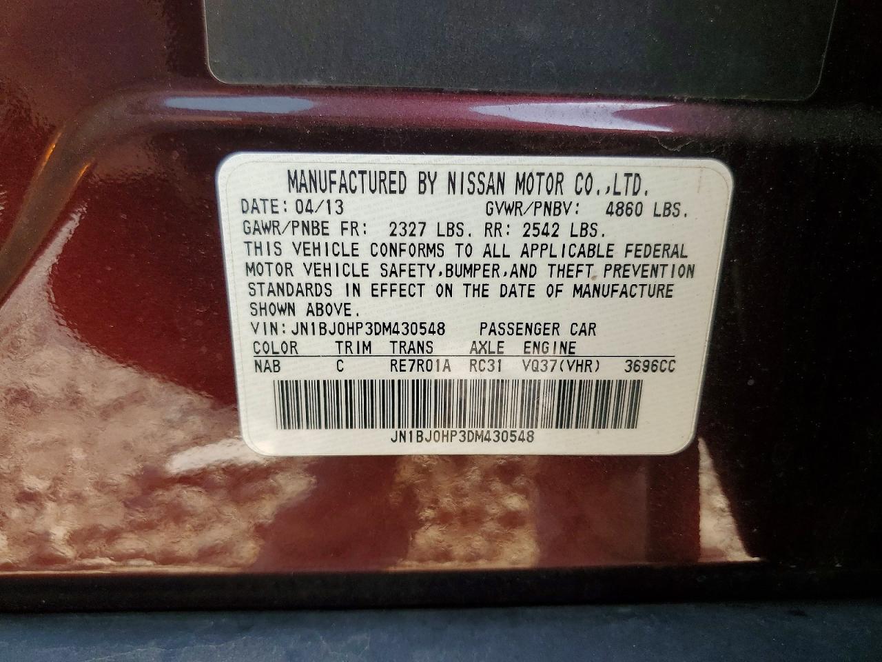 2013 Infiniti Ex37 Base Burgundy vin: JN1BJ0HP3DM430548