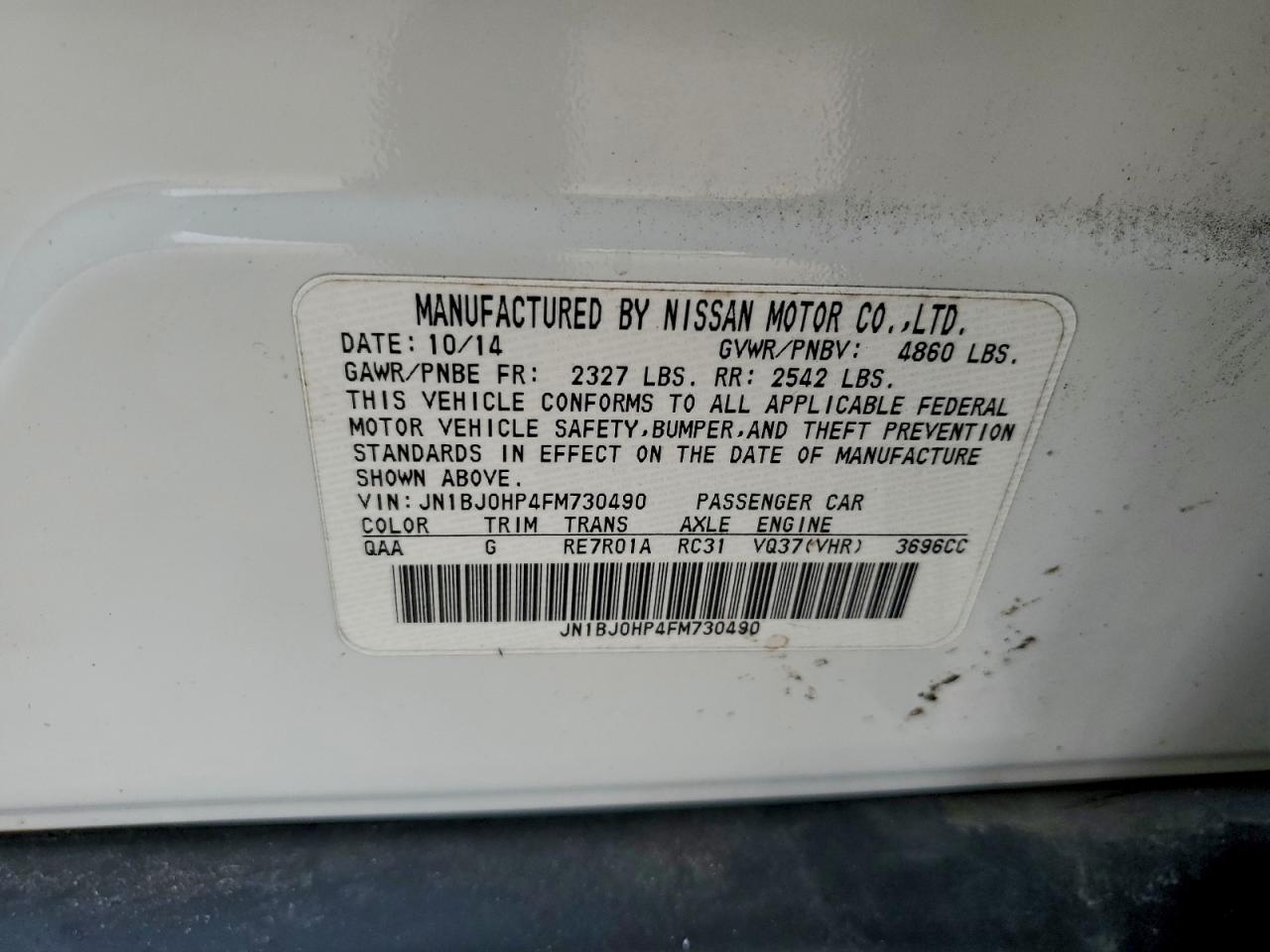 2015 Infiniti Qx50 White vin: JN1BJ0HP4FM730490