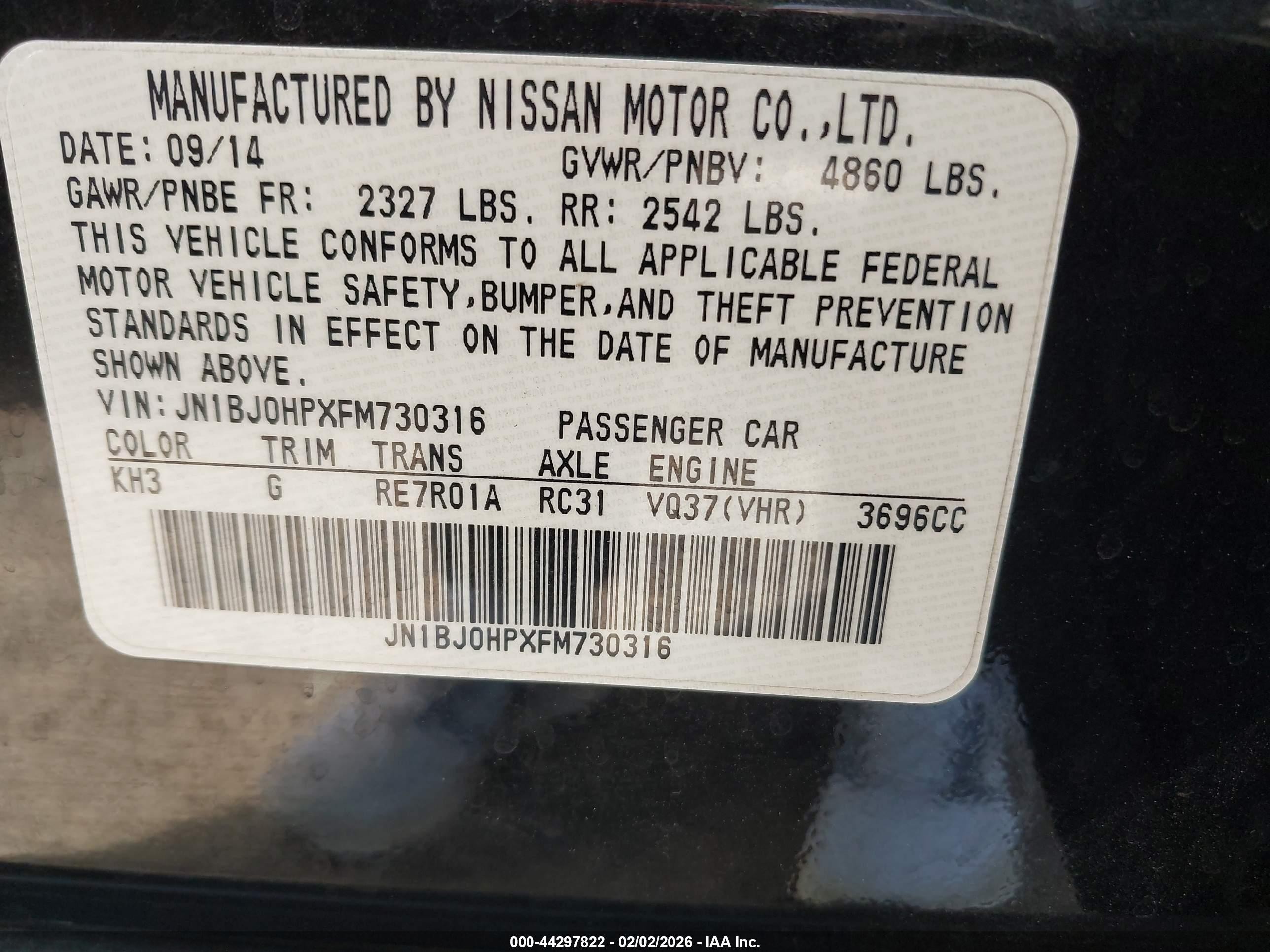2015 Infiniti Qx50   Black vin: JN1BJ0HPXFM730316