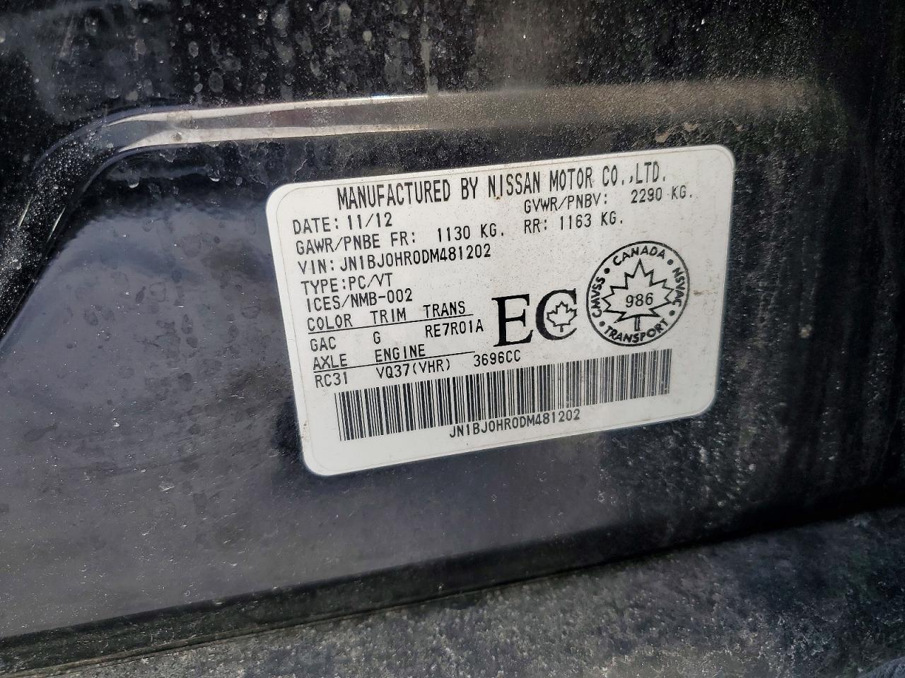 2013 Infiniti Ex37 Base Black vin: JN1BJ0HR0DM481202