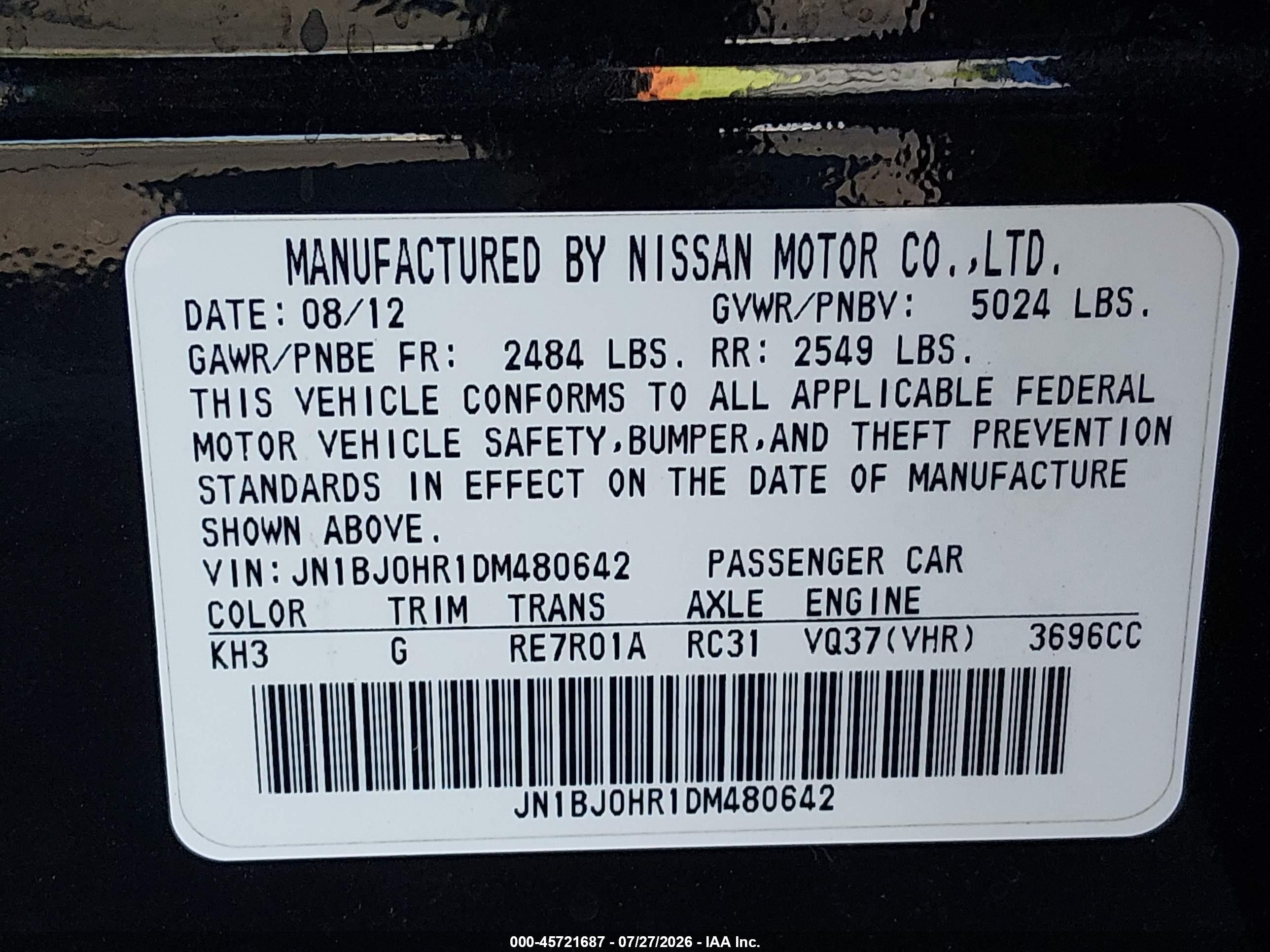 2013 Infiniti Ex37 Journey Black vin: JN1BJ0HR1DM480642