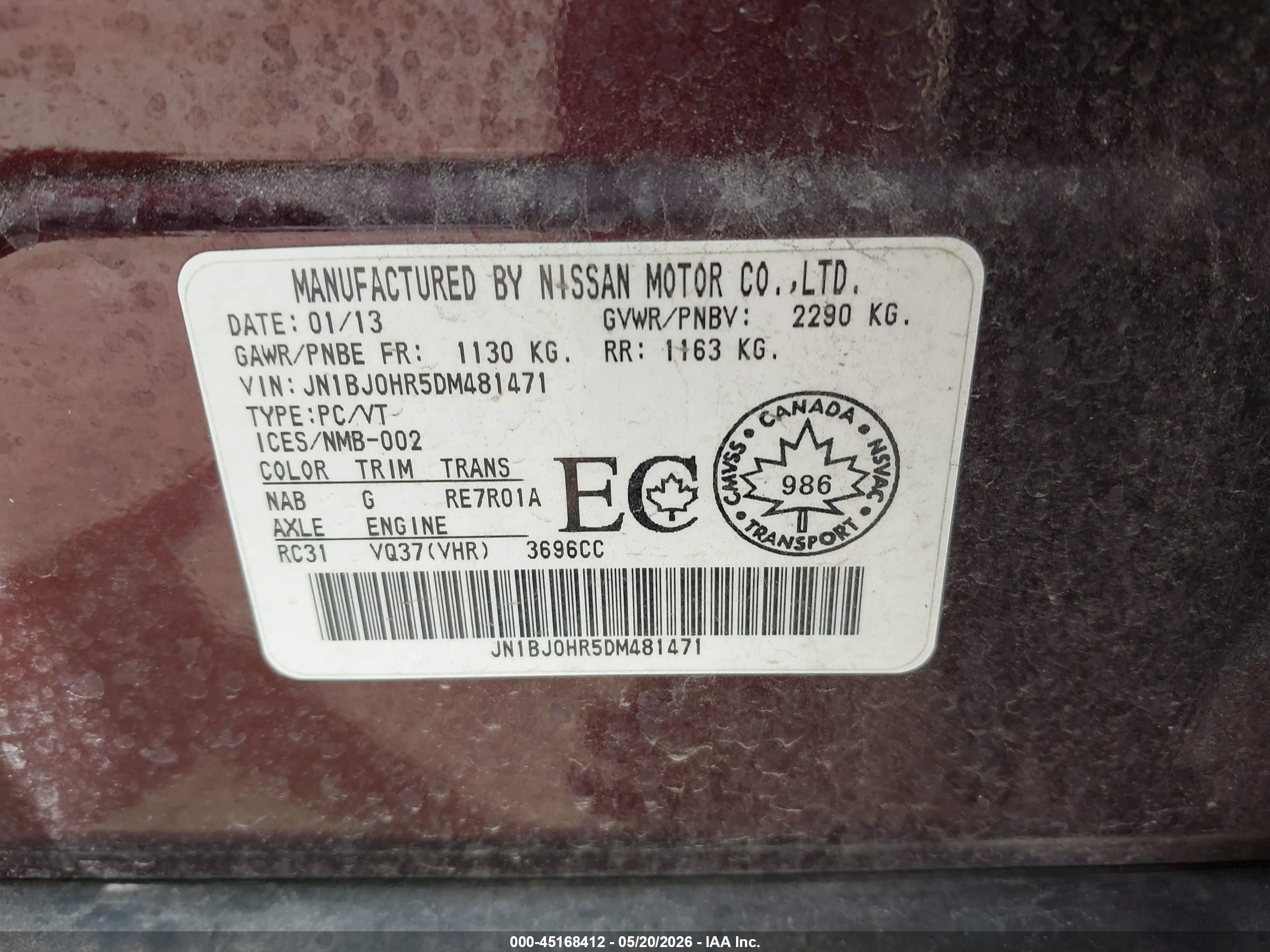 2013 Infiniti Ex37 Journey Maroon vin: JN1BJ0HR5DM481471
