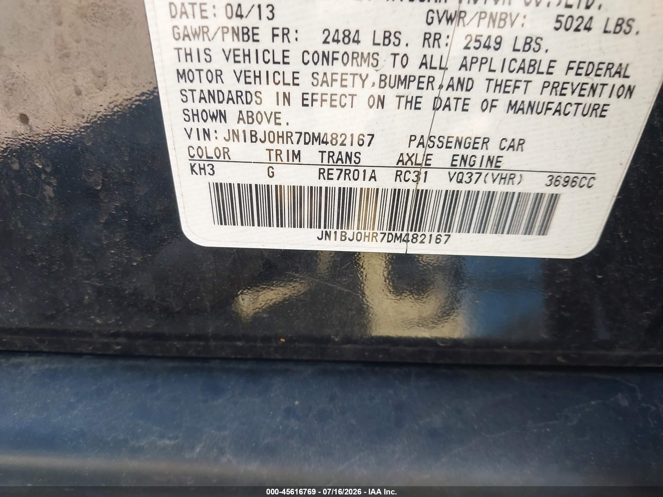 2013 Infiniti Ex37 Journey Черный vin: JN1BJ0HR7DM482167
