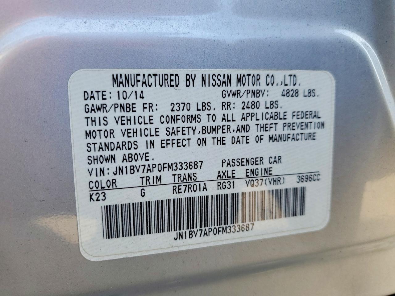 2015 Infiniti Q50 Base Silver vin: JN1BV7AP0FM333687