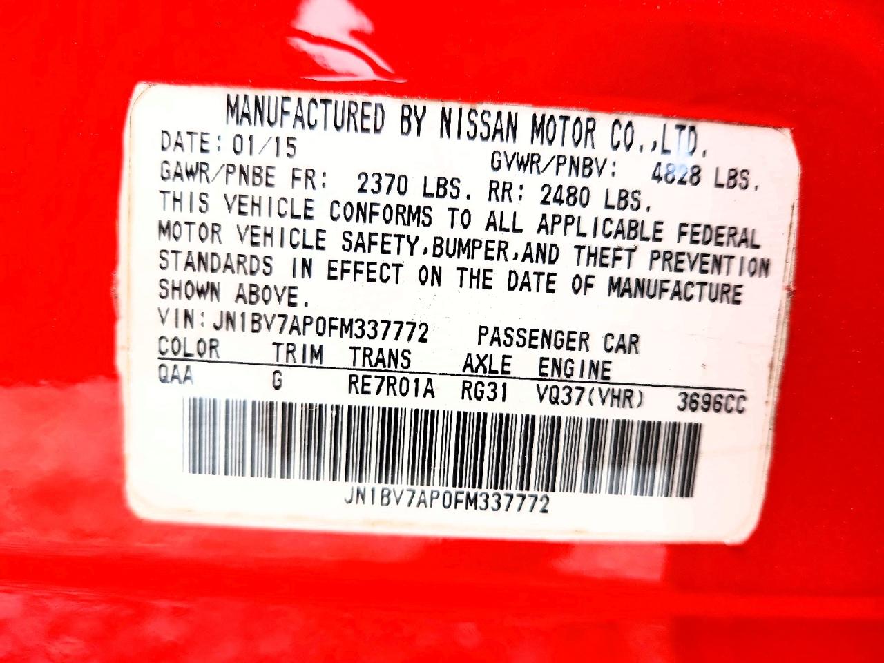 2015 Infiniti Q50 Base Red vin: JN1BV7AP0FM337772