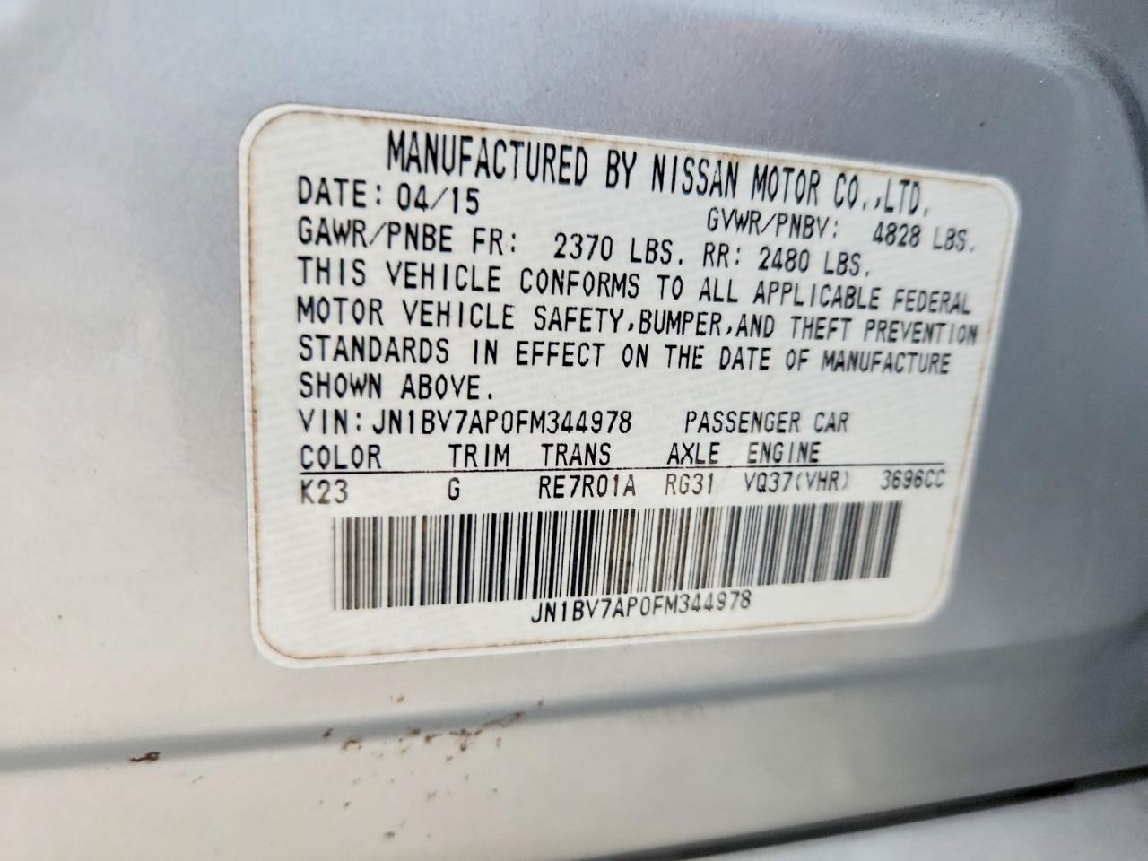 2015 Infiniti Q50 Premium Silver vin: JN1BV7AP0FM344978