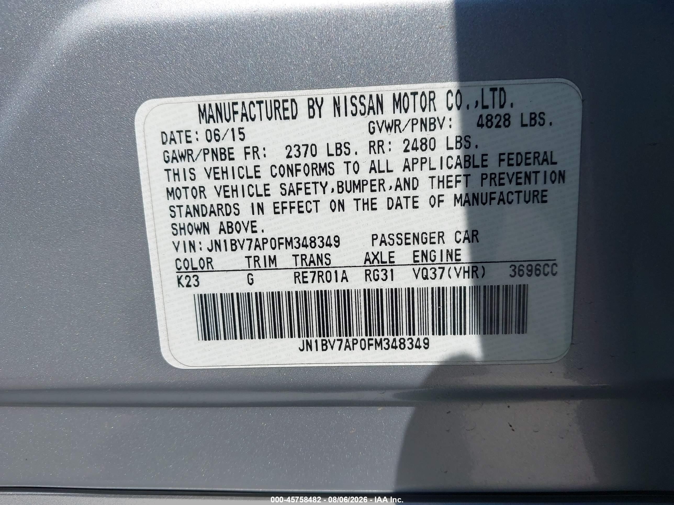 2015 Infiniti Q50 Premium Silver vin: JN1BV7AP0FM348349