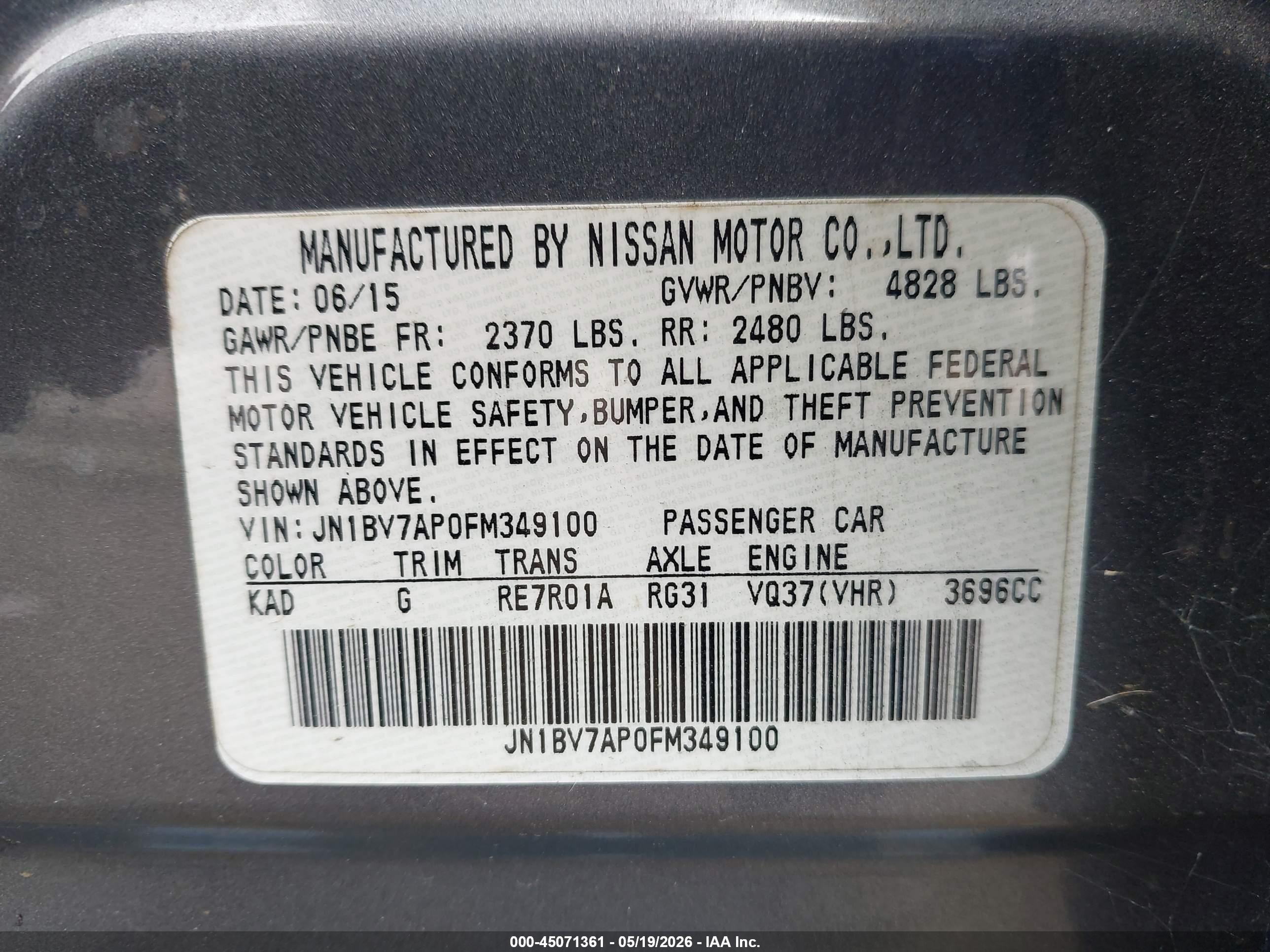 2015 Infiniti Q50 Premium Gray vin: JN1BV7AP0FM349100